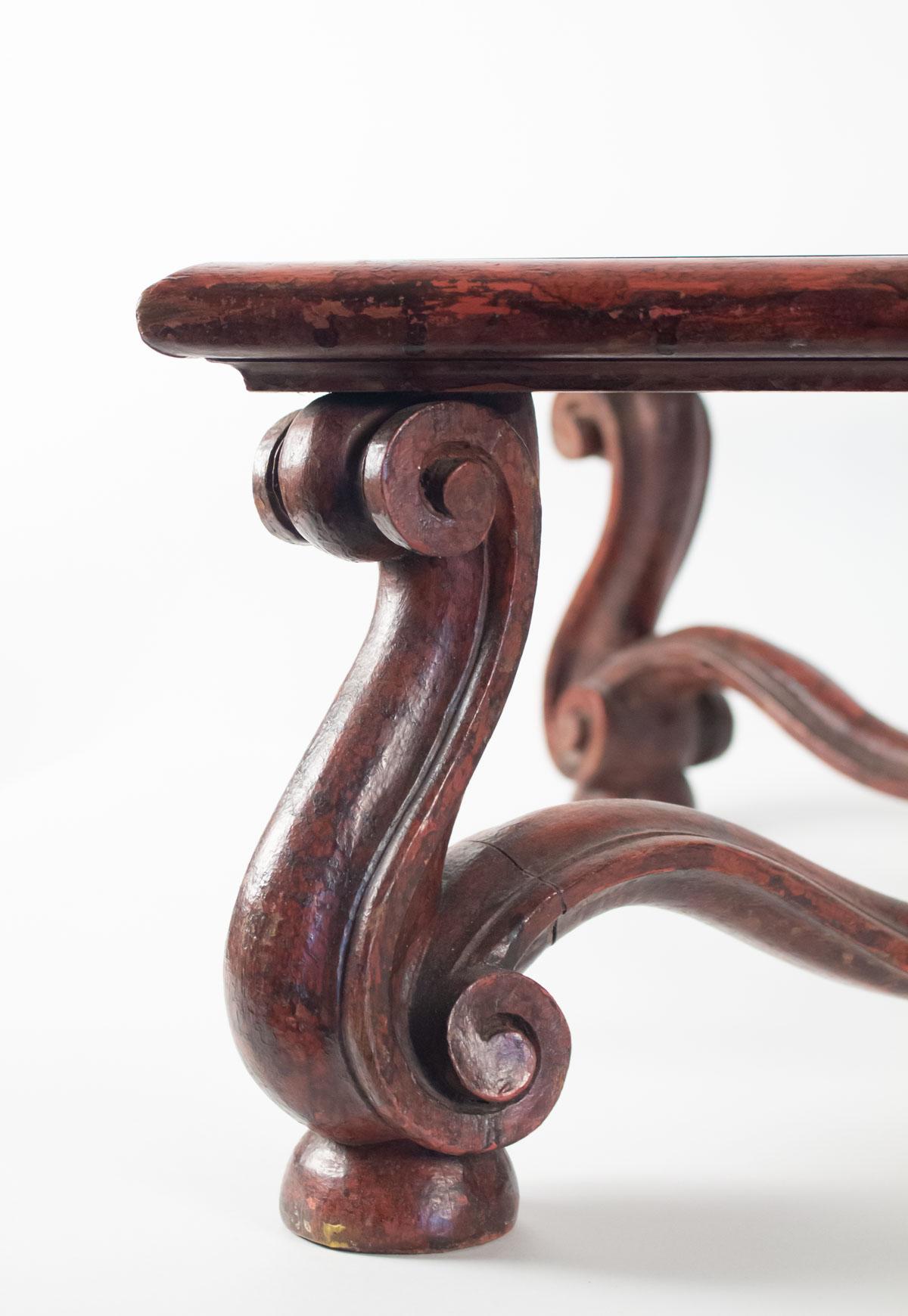 Coffee Table Carved Wood, Antique Red Brown Patina Inspired by Louis XIV Forms (Gemalt)