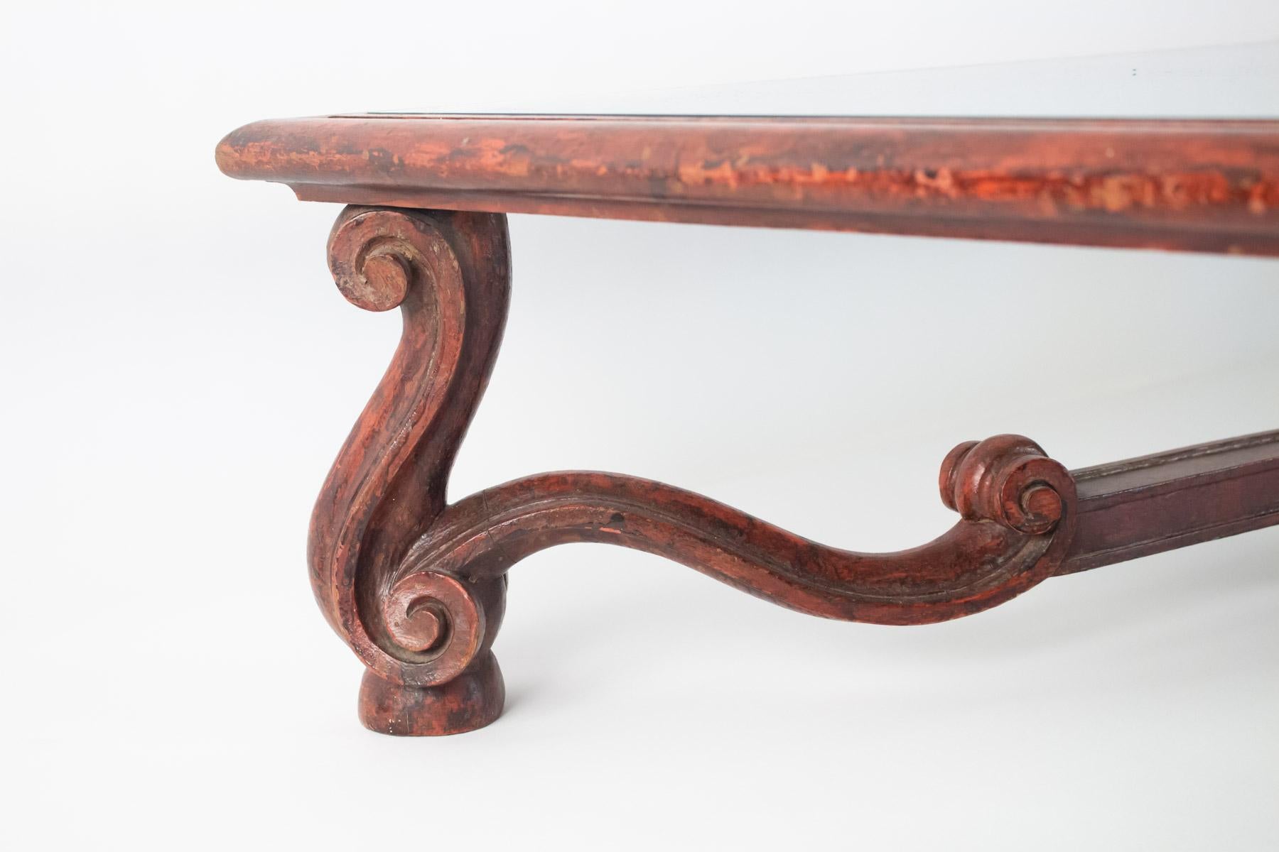 Coffee Table Carved Wood, Antique Red Brown Patina Inspired by Louis XIV Forms 1