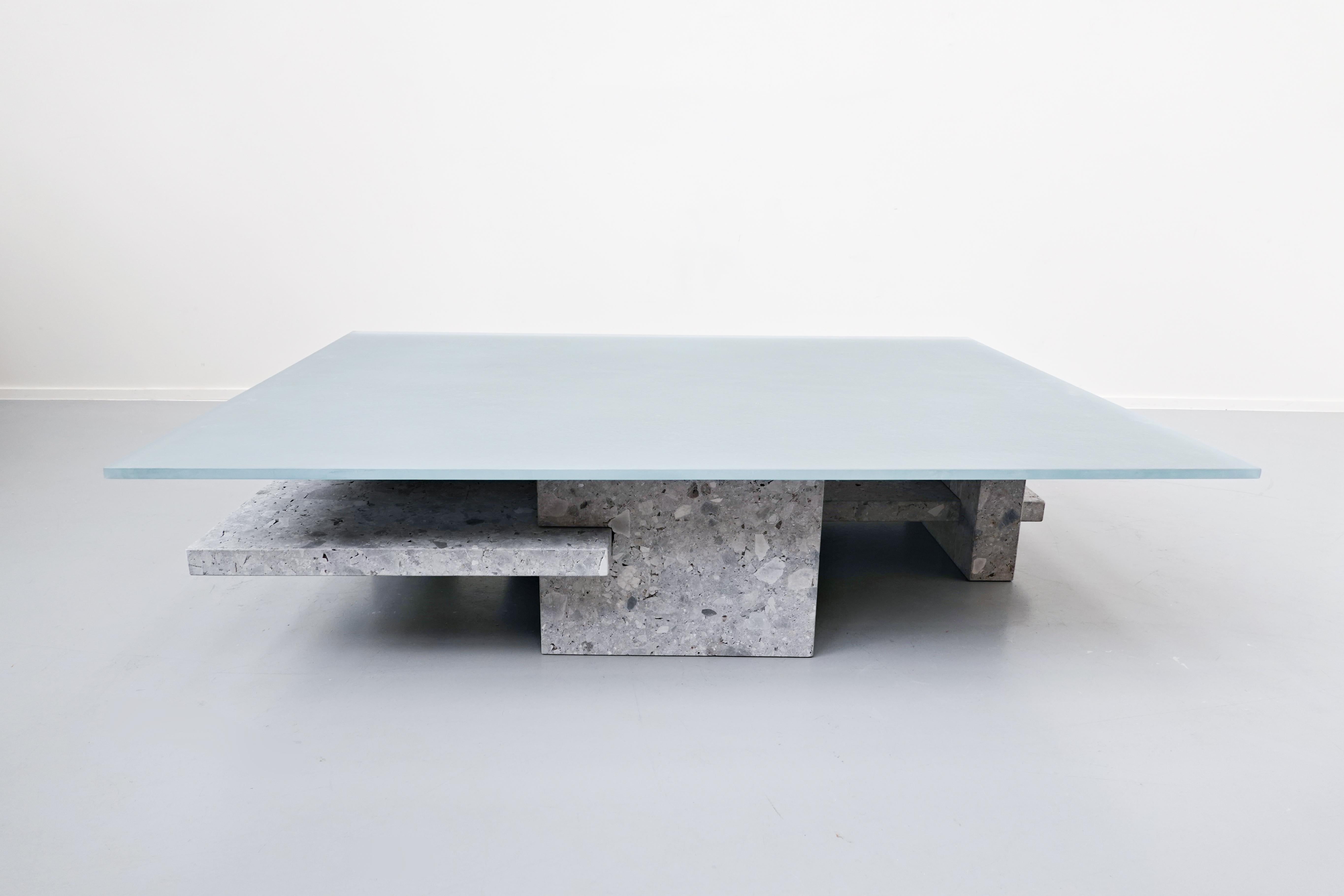 Belgian Coffee Table, Ceppo di gre and Glass, Designed by Iceberg Architecture Studio For Sale