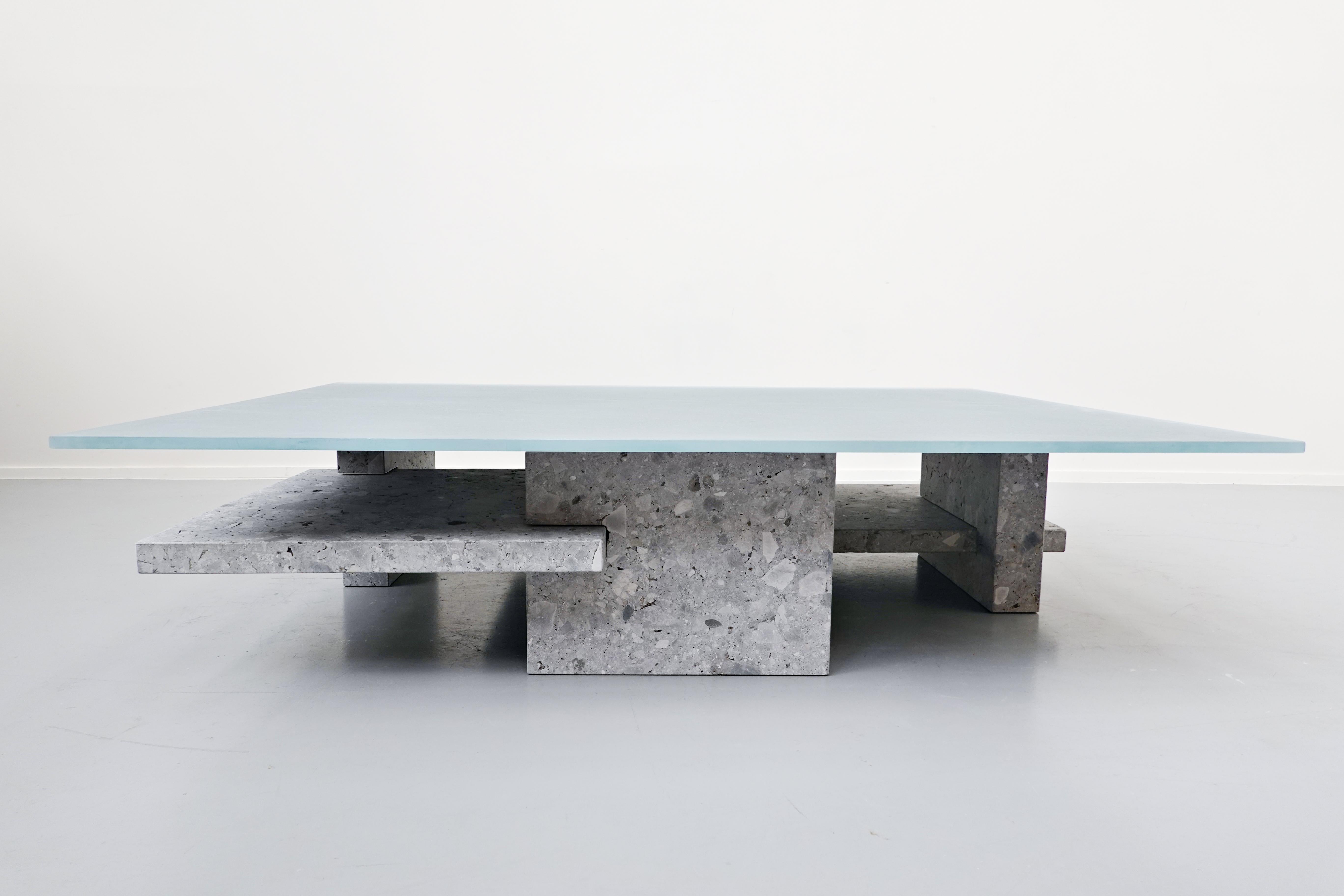 Contemporary Coffee Table, Ceppo di gre and Glass, Designed by Iceberg Architecture Studio For Sale