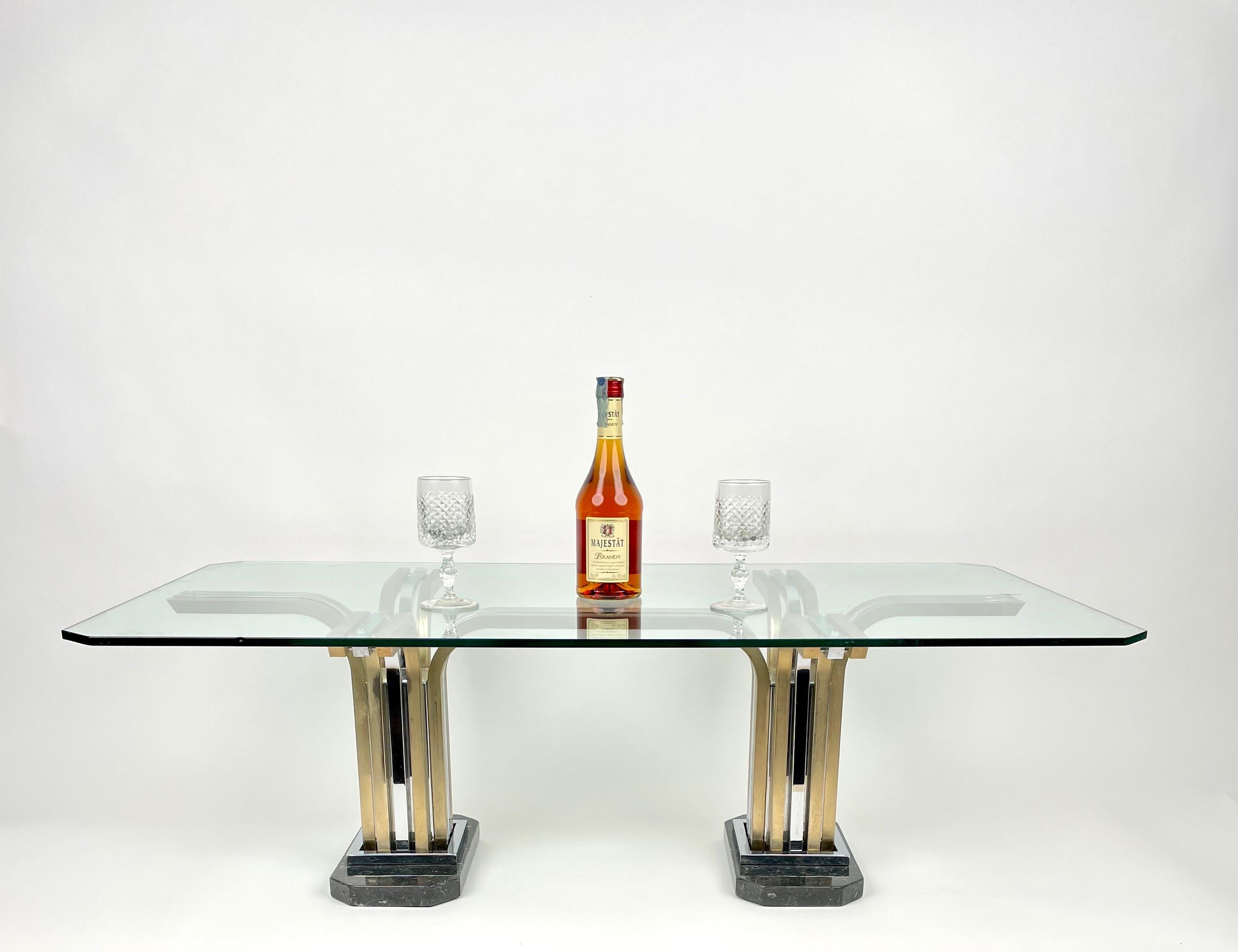 Italian Coffee Table Chrome Brass Marble & Glass Romeo Rega Style, Italy, 1970s For Sale