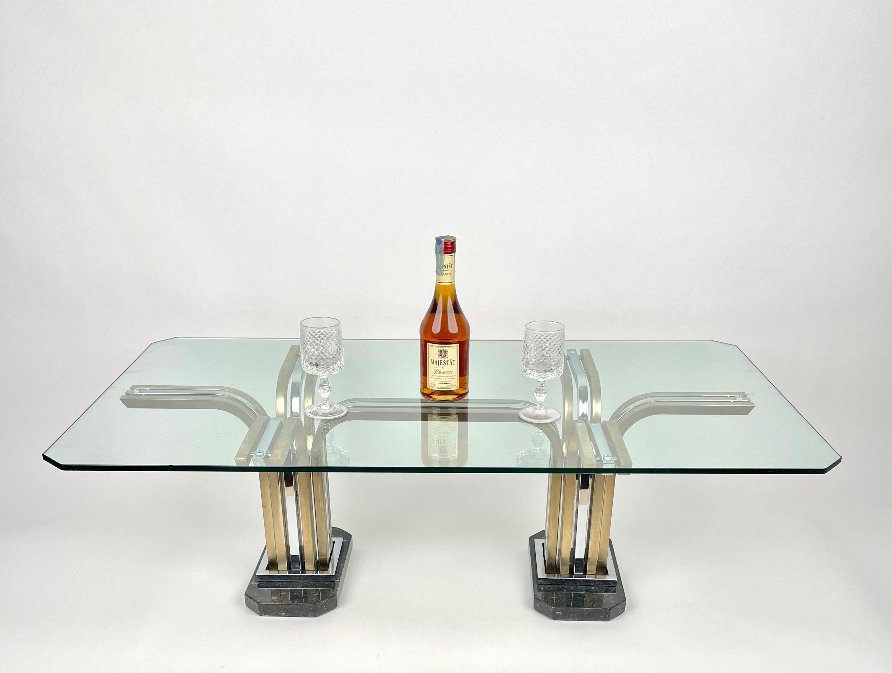 Late 20th Century Coffee Table Chrome Brass Marble & Glass Romeo Rega Style, Italy, 1970s For Sale