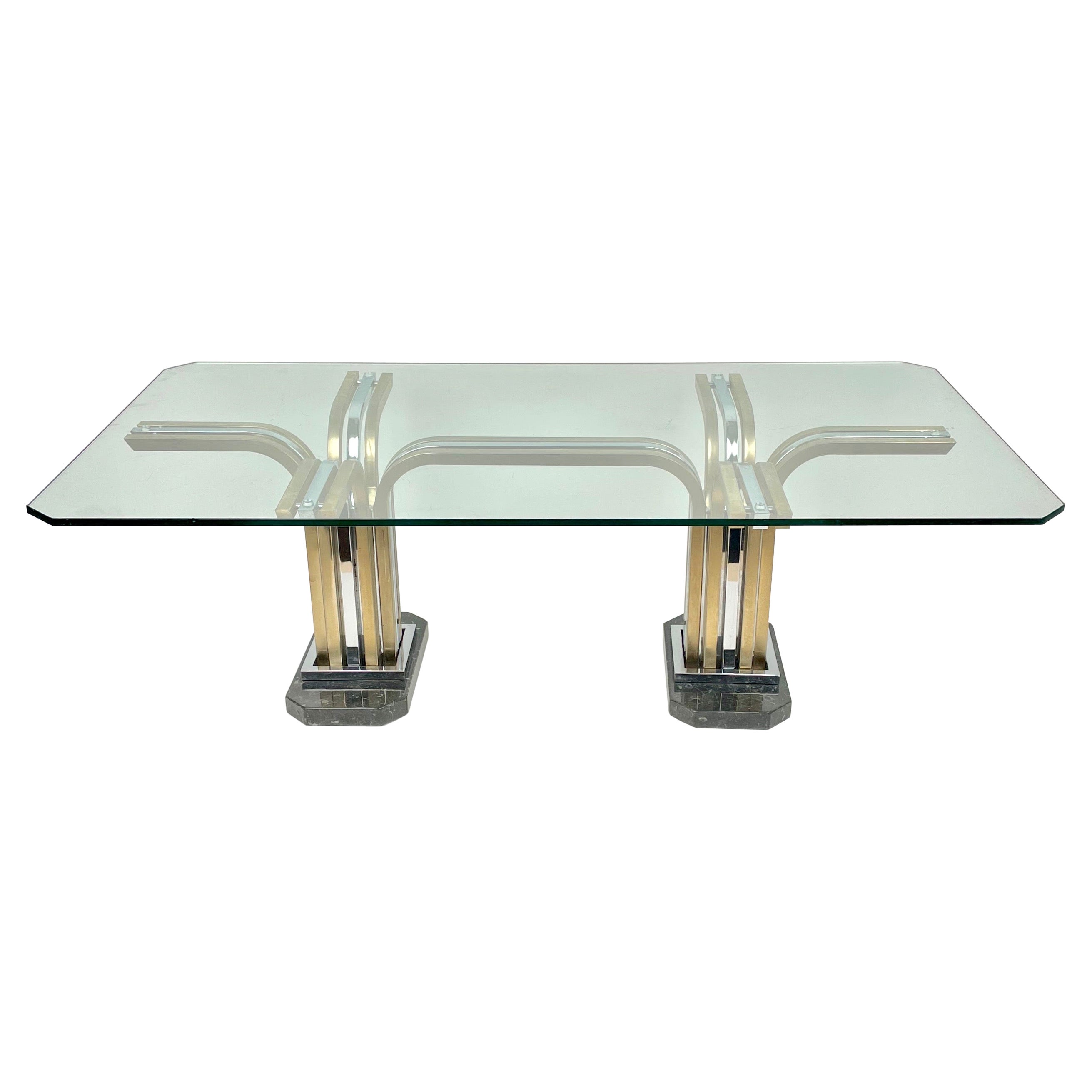 Coffee Table Chrome Brass Marble & Glass Romeo Rega Style, Italy, 1970s