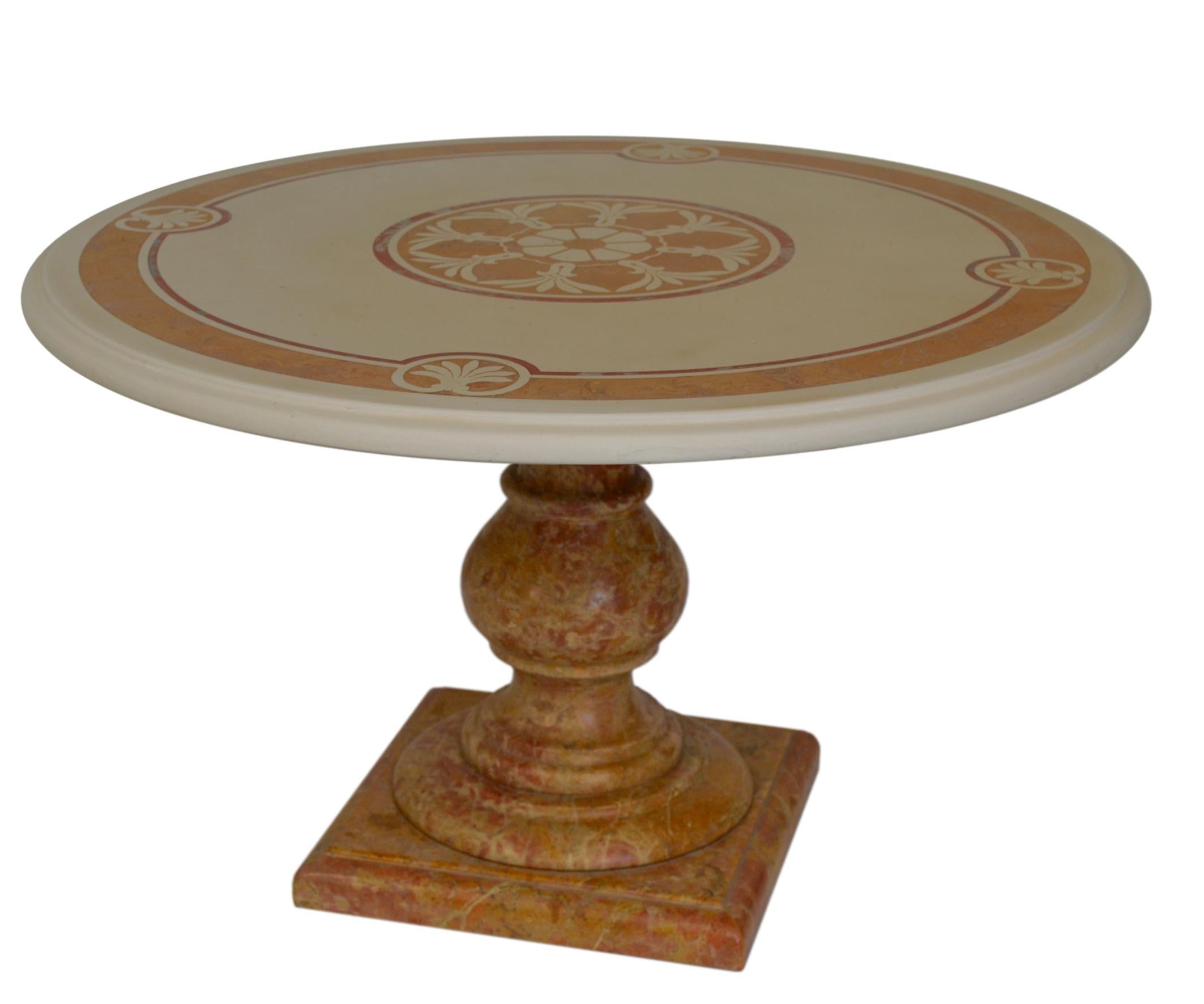 Decorative coffee table designed by Cupioli made in Italy.
Inlaid scagliola art top with Classic decor and turned royal yellow marble base.
This item has been manufactured by skilled craftsmen who distinguish Cupioli products and this is a one of