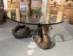 Coffee Table Composed of Three Patinated Iron Swans with Antique Finish