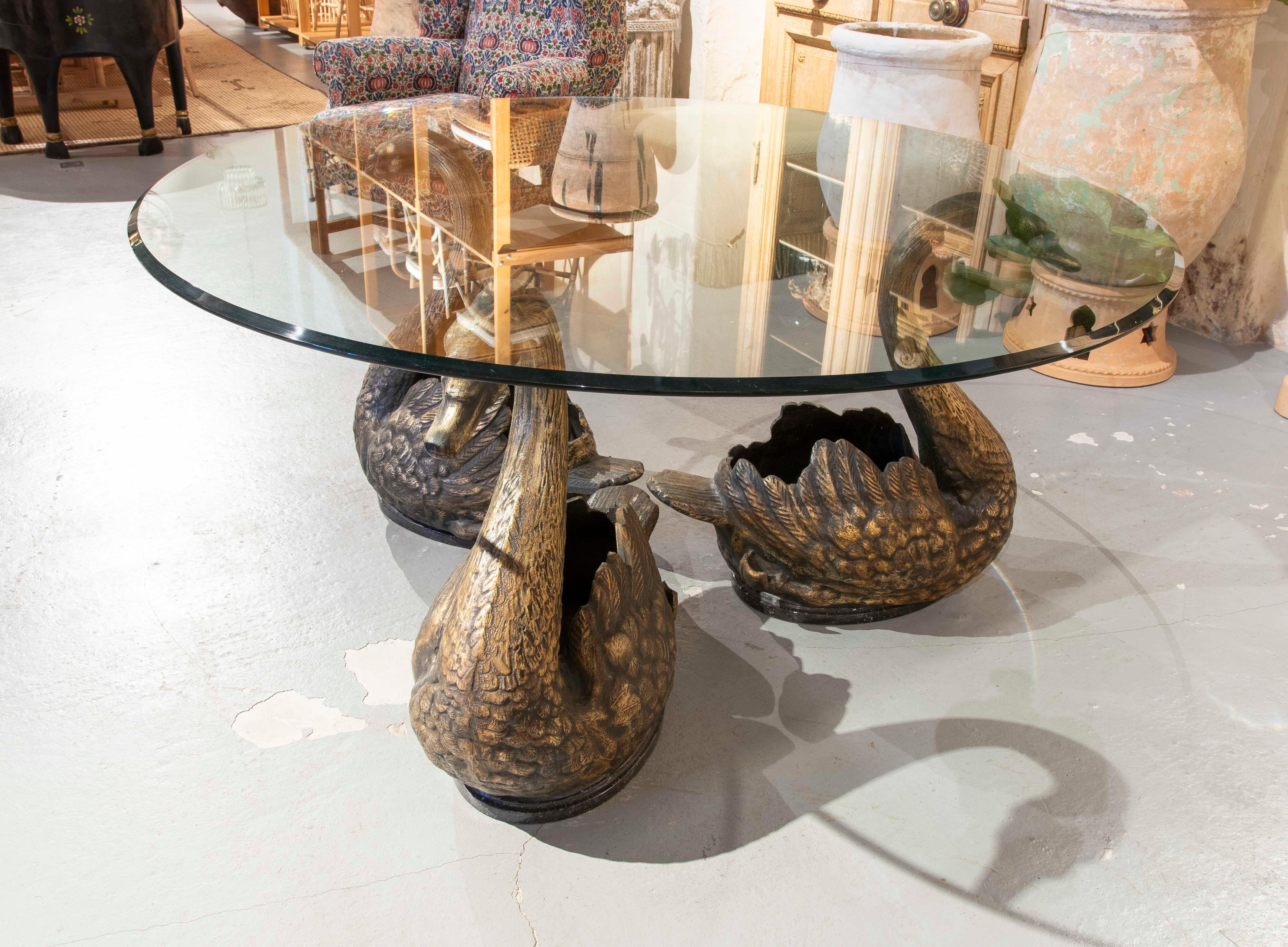 Contemporary Coffee Table Composed of Three Patinated Iron Swans with Antique Finish For Sale