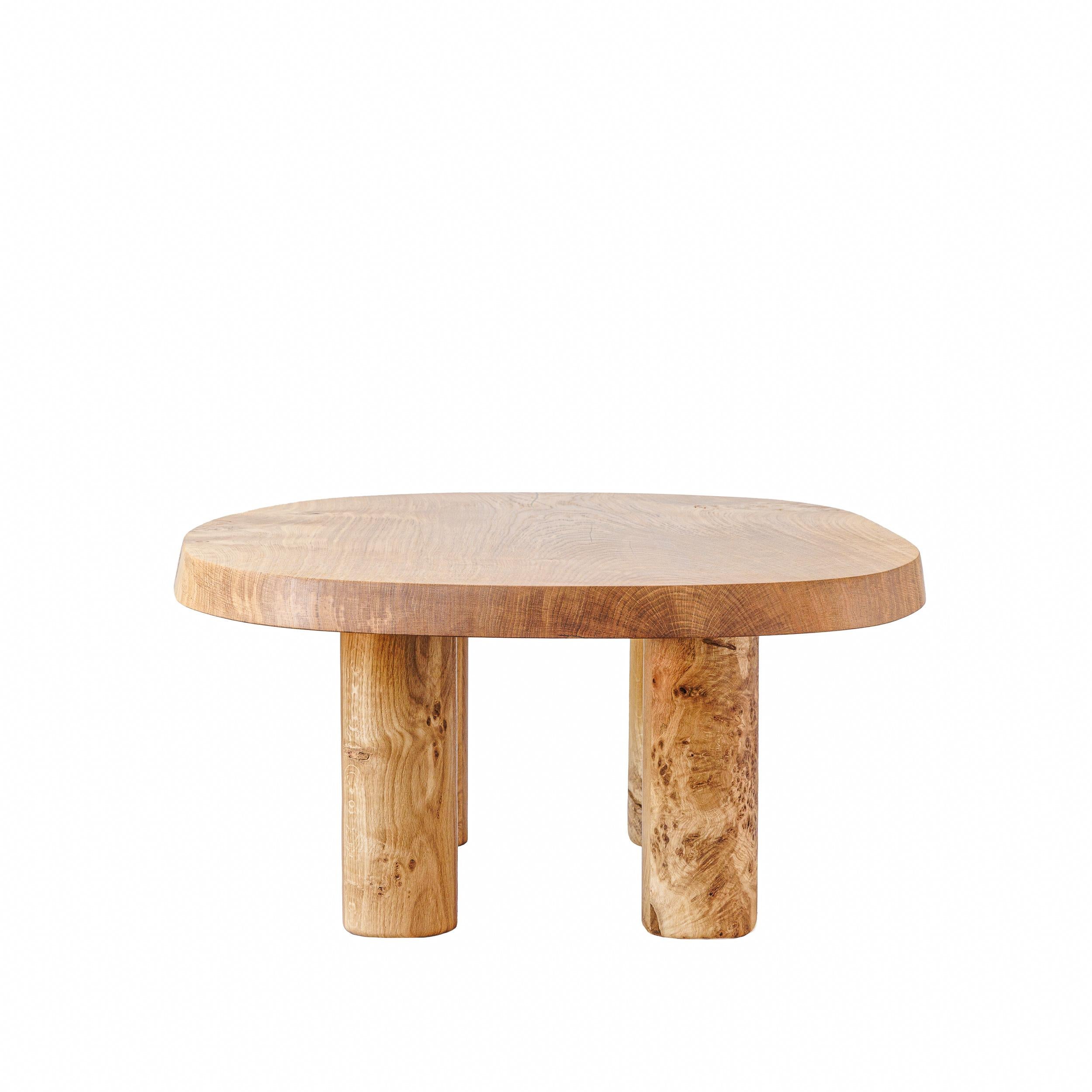 Coffee Table, Contemporary Scandinavian, Minimalism, Burl Oak. 

Crafted entirely from solid burl oak, this sculptural coffee table is built following the same refined design principles seen in the images — a minimal, monolithic form supported by