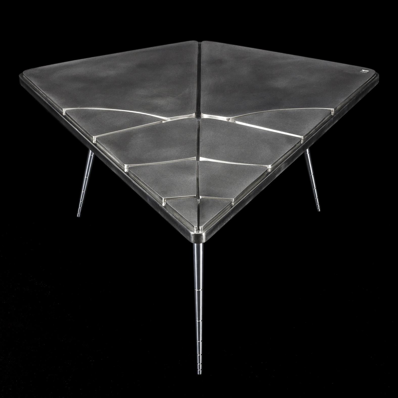 In stock, made in France: This contemporary coffee table is a unique piece, created by Xavier Lavergne and sold with “Certificate of Authenticity”. Top is made of wood wrapped with pewter, like a French bar countertop. It will develop a unique