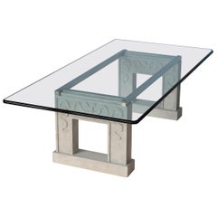 Contemporary  Coffee Table Crystal Glass Top Carved Stone Legs Steel Frame