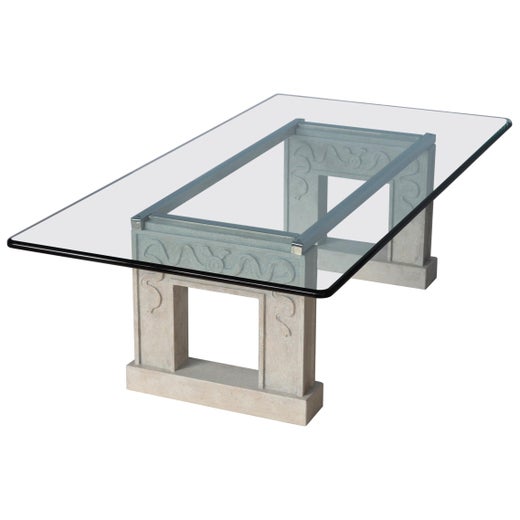 Contemporary Coffee Table Crystal Glass Top Carved Stone Legs Steel Frame For Sale At 1stdibs