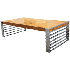 Coffee Table Design Briar Wood and Chrome Metal Willy Rizzo Attributed