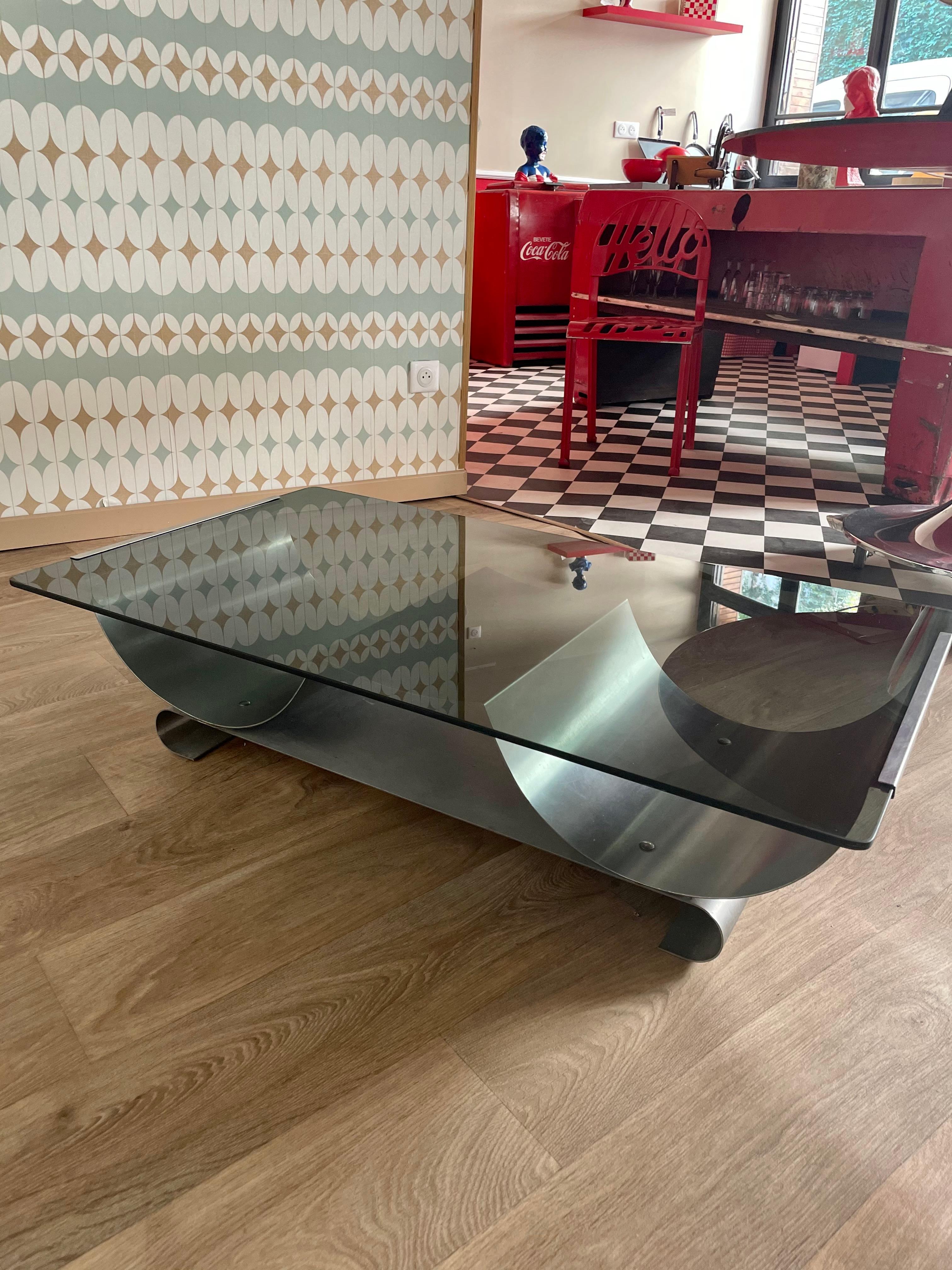 Coffee Table Design Francois Monnet, Kappa, France 1970, Steel Glass Mid-Century For Sale 6