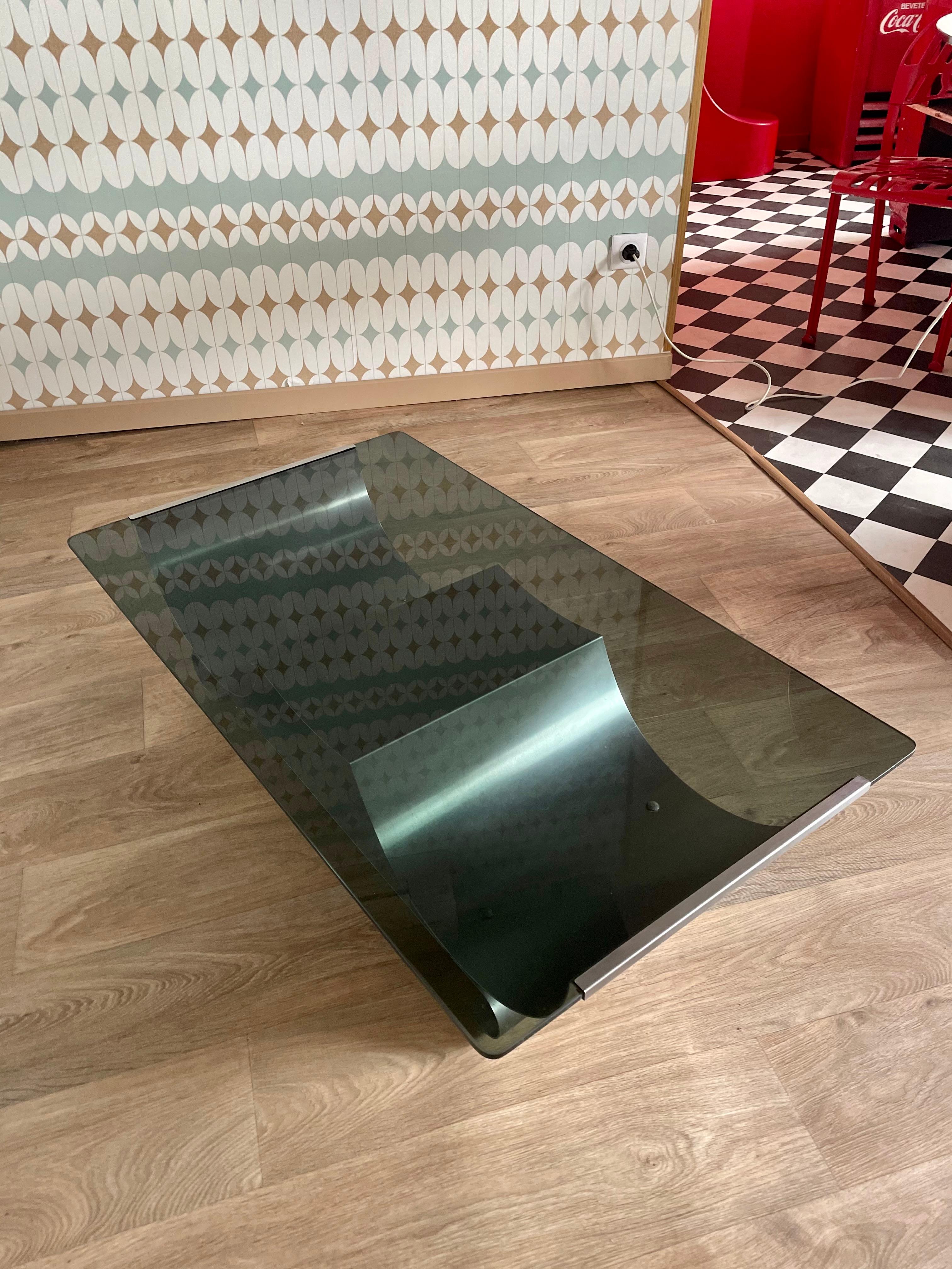 Late 20th Century Coffee Table Design Francois Monnet, Kappa, France 1970, Steel Glass Mid-Century For Sale