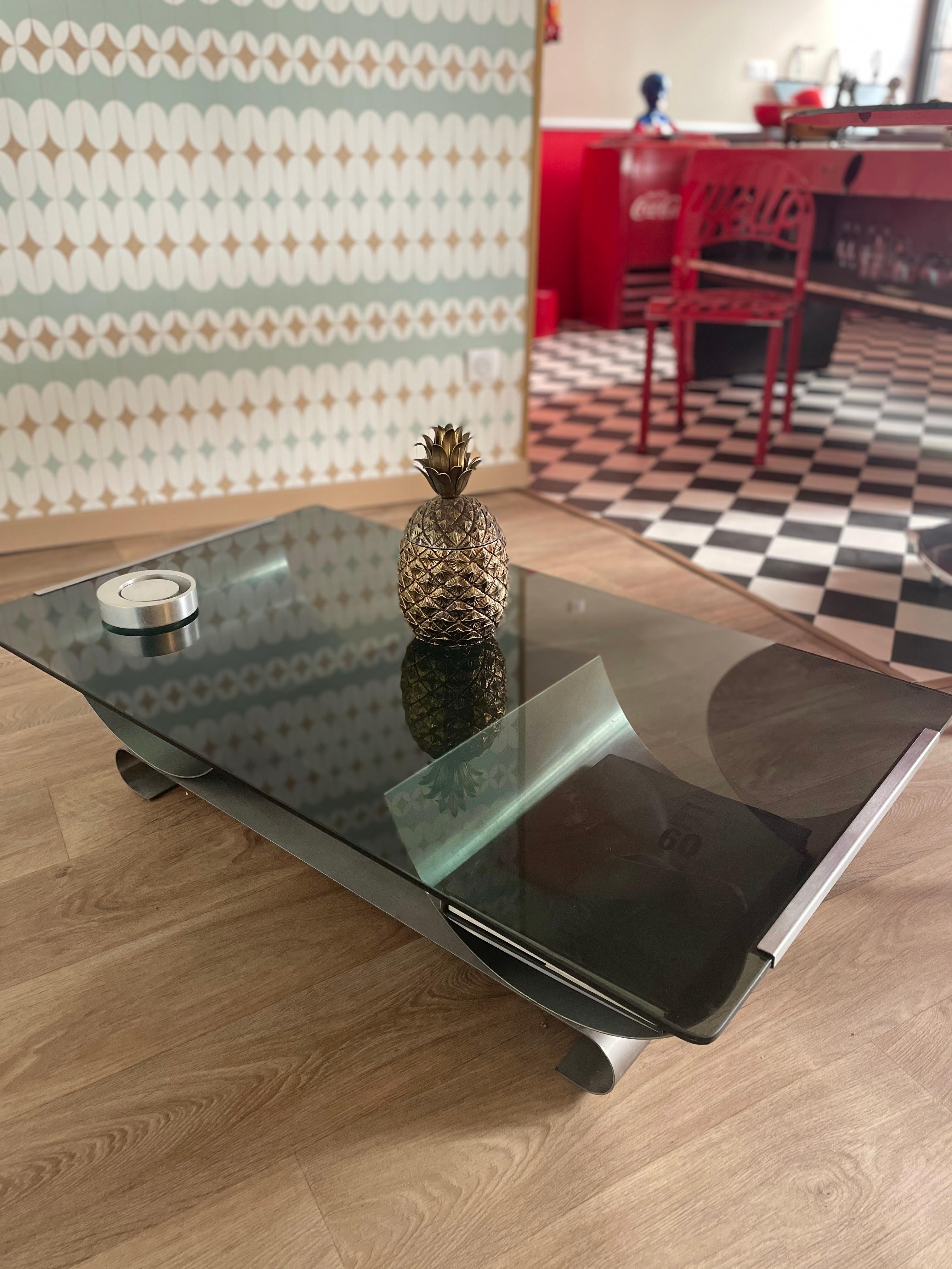 Coffee Table Design Francois Monnet, Kappa, France 1970, Steel Glass Mid-Century For Sale 1