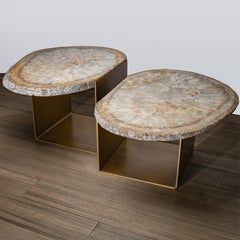 Coffee Table, Double Brazilian Agate with Brass-Plated Antique Patina Metal Base