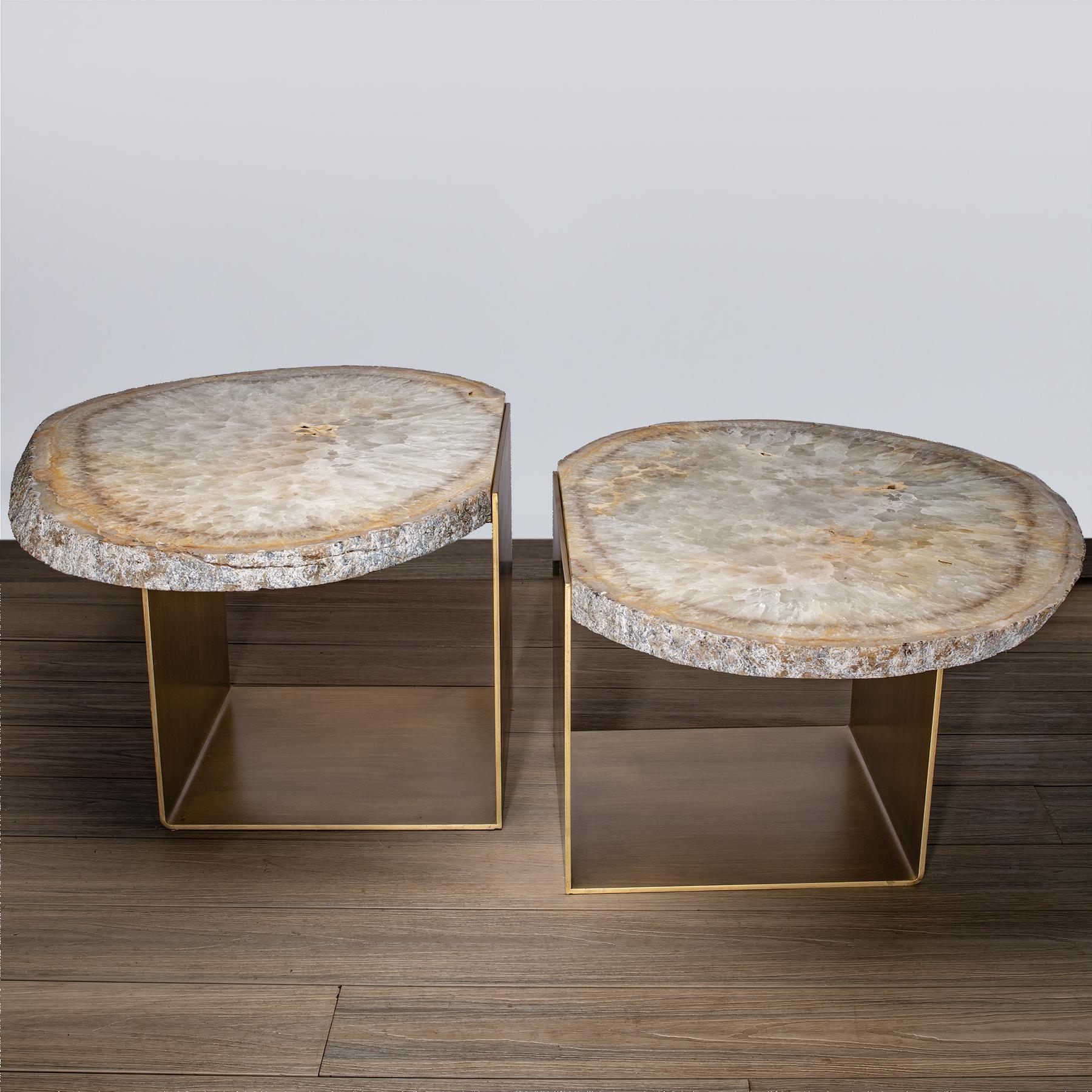 Organic Modern Coffee Table, Double Brazilian Agate with Brass-Plated Antique Patina Metal Base