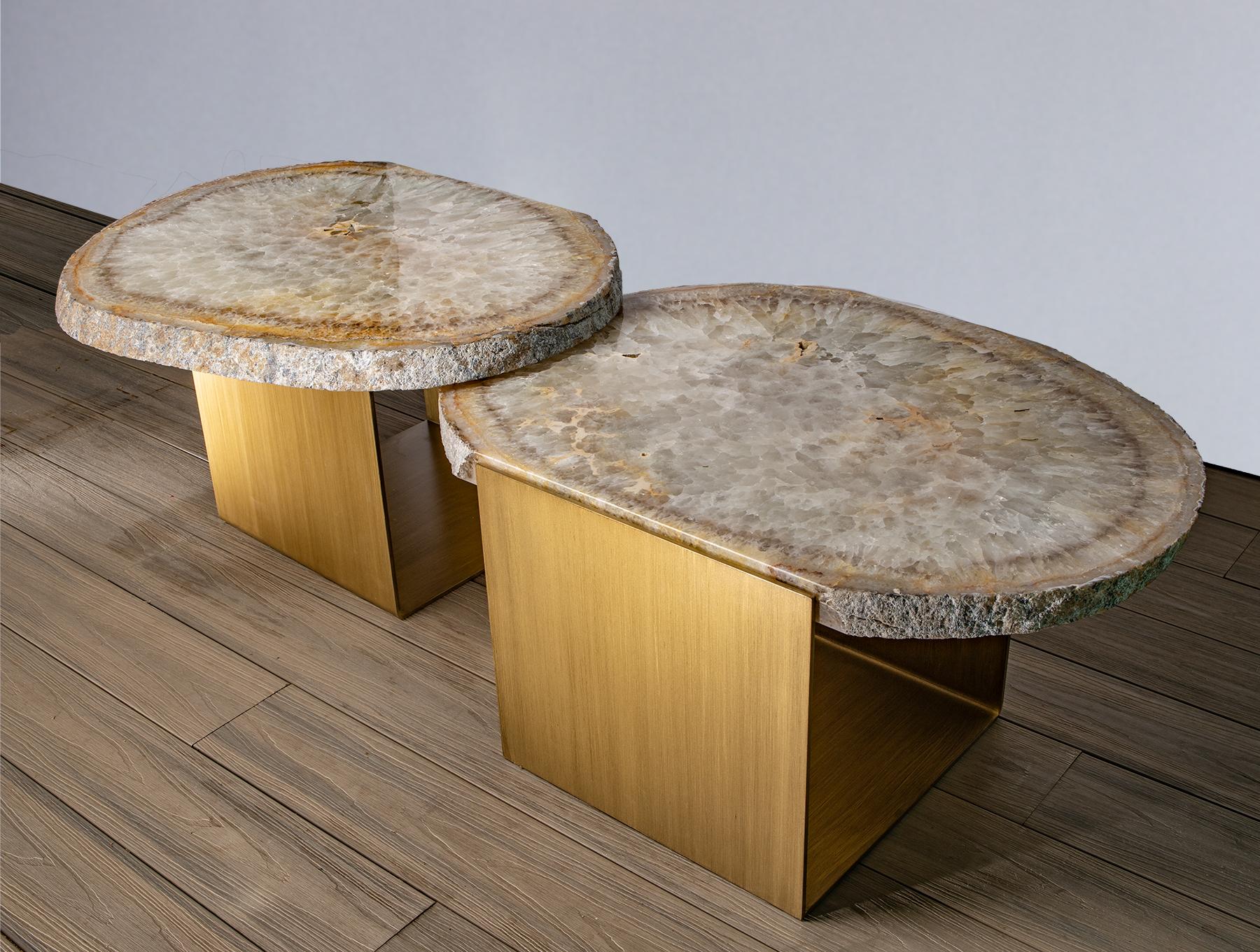 Polished Coffee Table, Double Brazilian Agate with Brass-Plated Antique Patina Metal Base