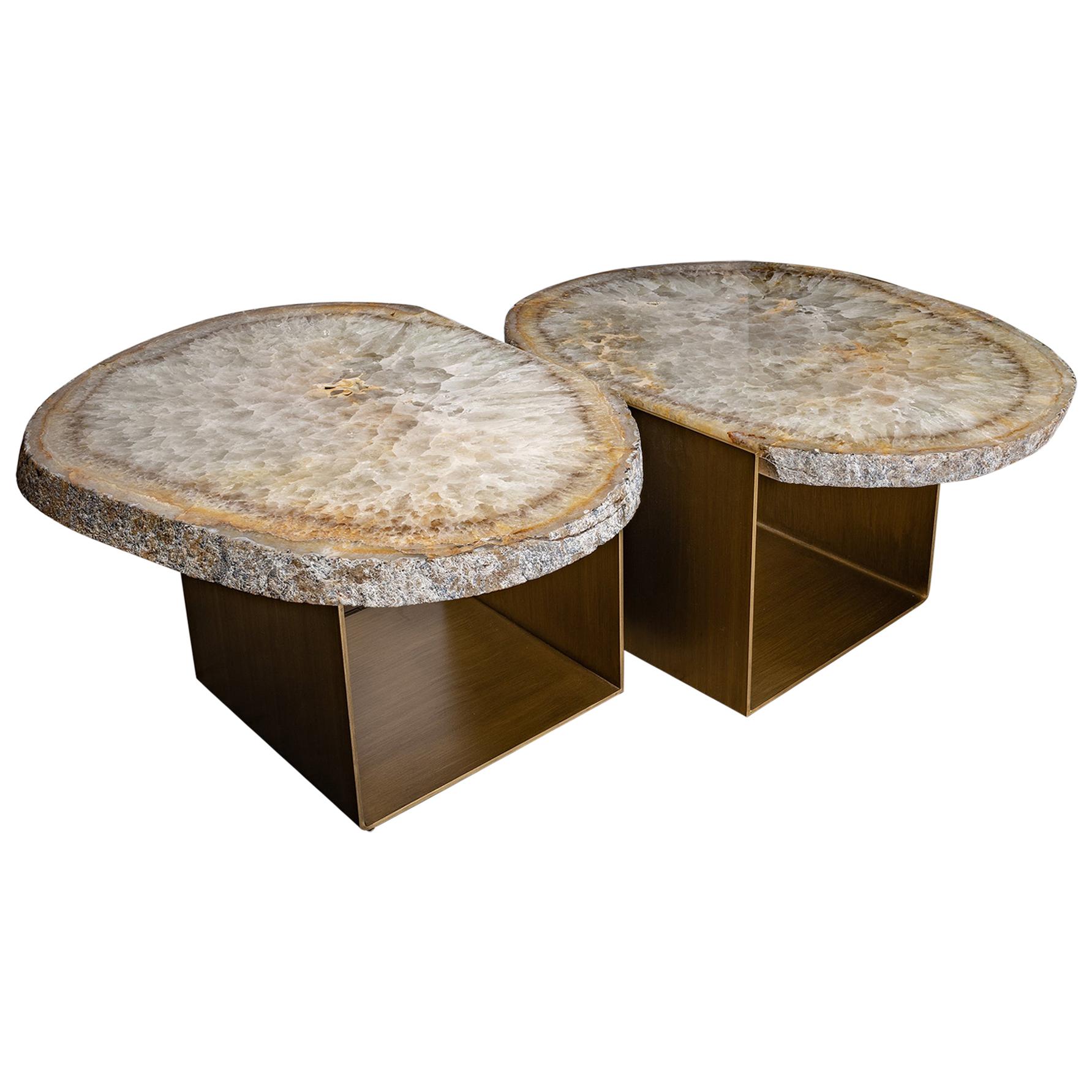 Coffee Table, Double Brazilian Agate with Brass-Plated Antique Patina Metal Base