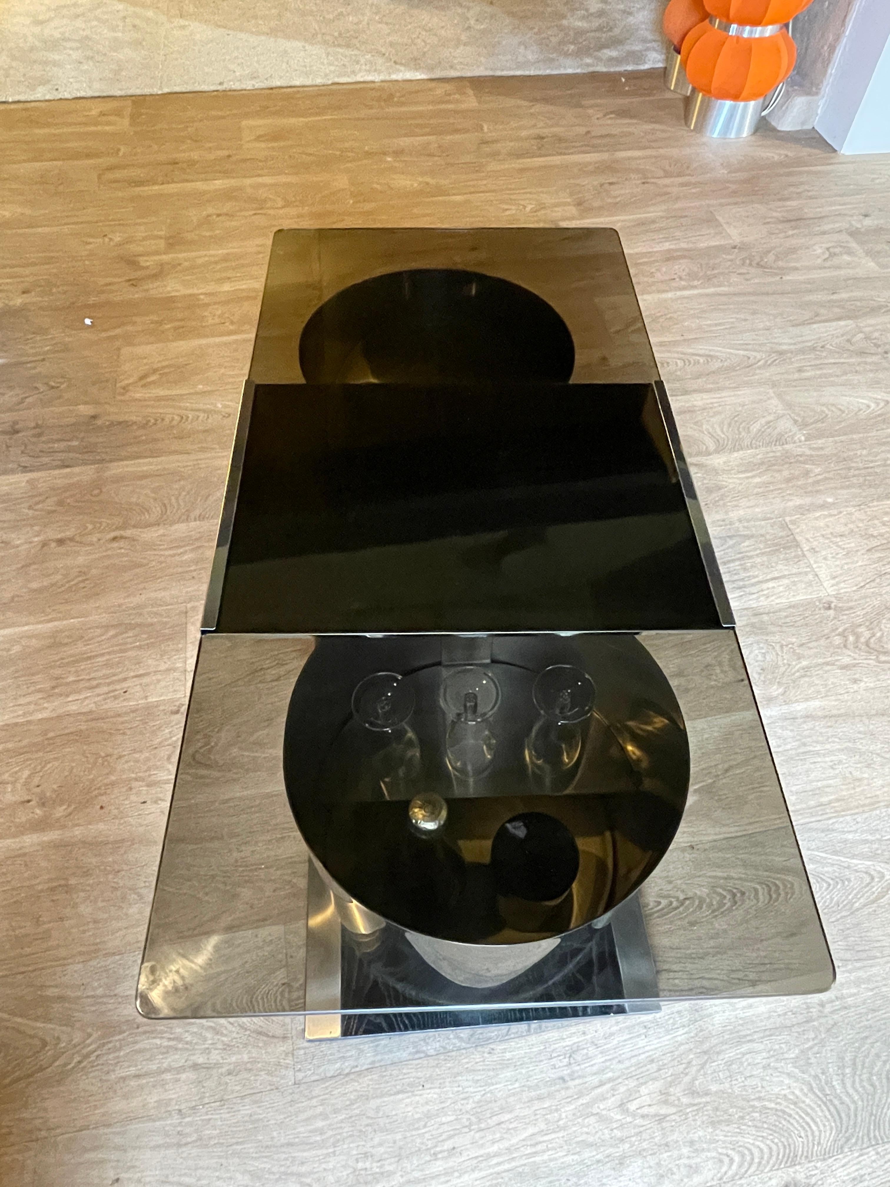 Mid-Century Modern Coffee Table Dry Bar Willy Rizzo Italy 1970 Steel Wood Smoked Glass, Mid-Century