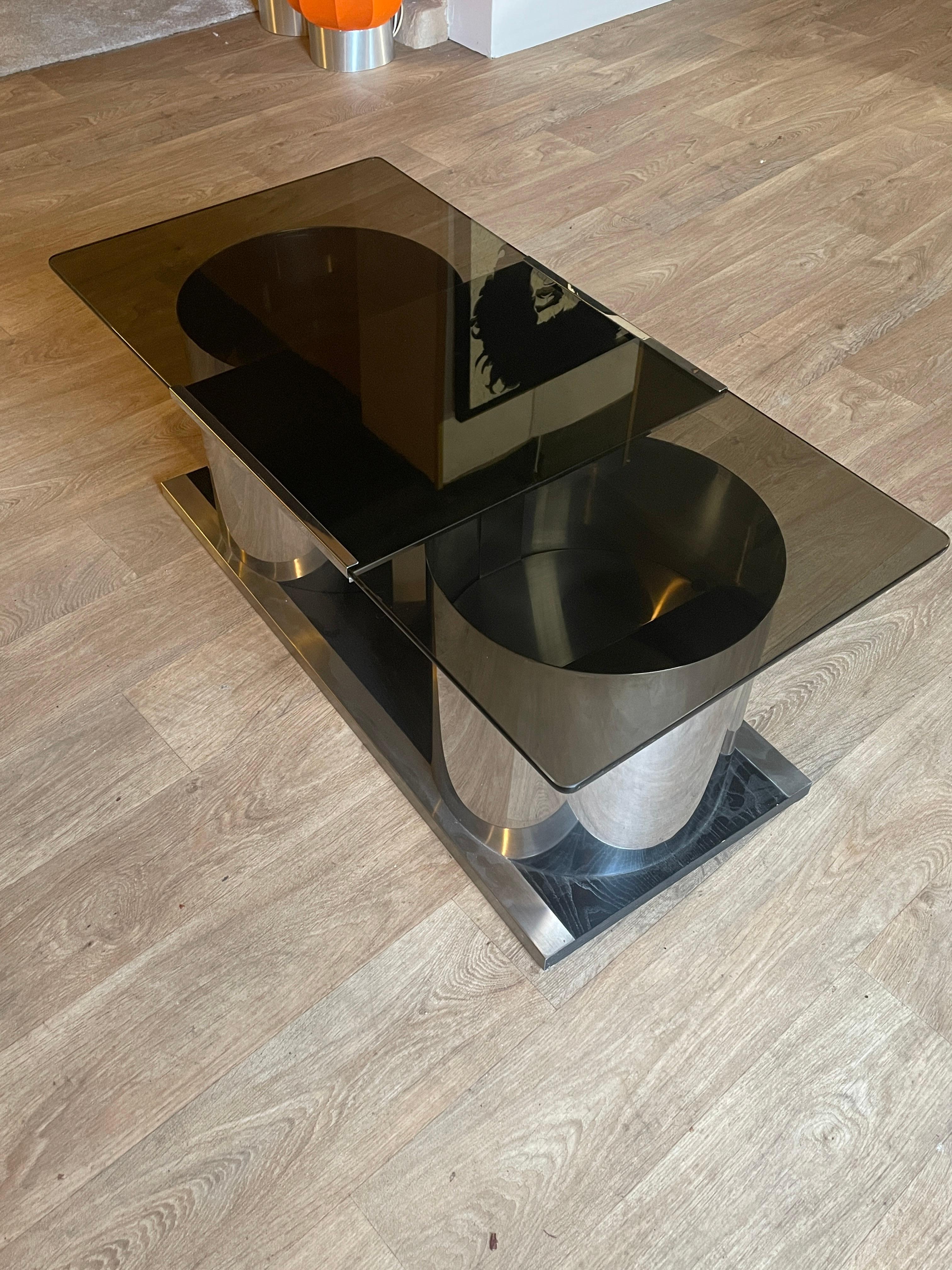 Coffee Table Dry Bar Willy Rizzo Italy 1970 Steel Wood Smoked Glass, Mid-Century 2