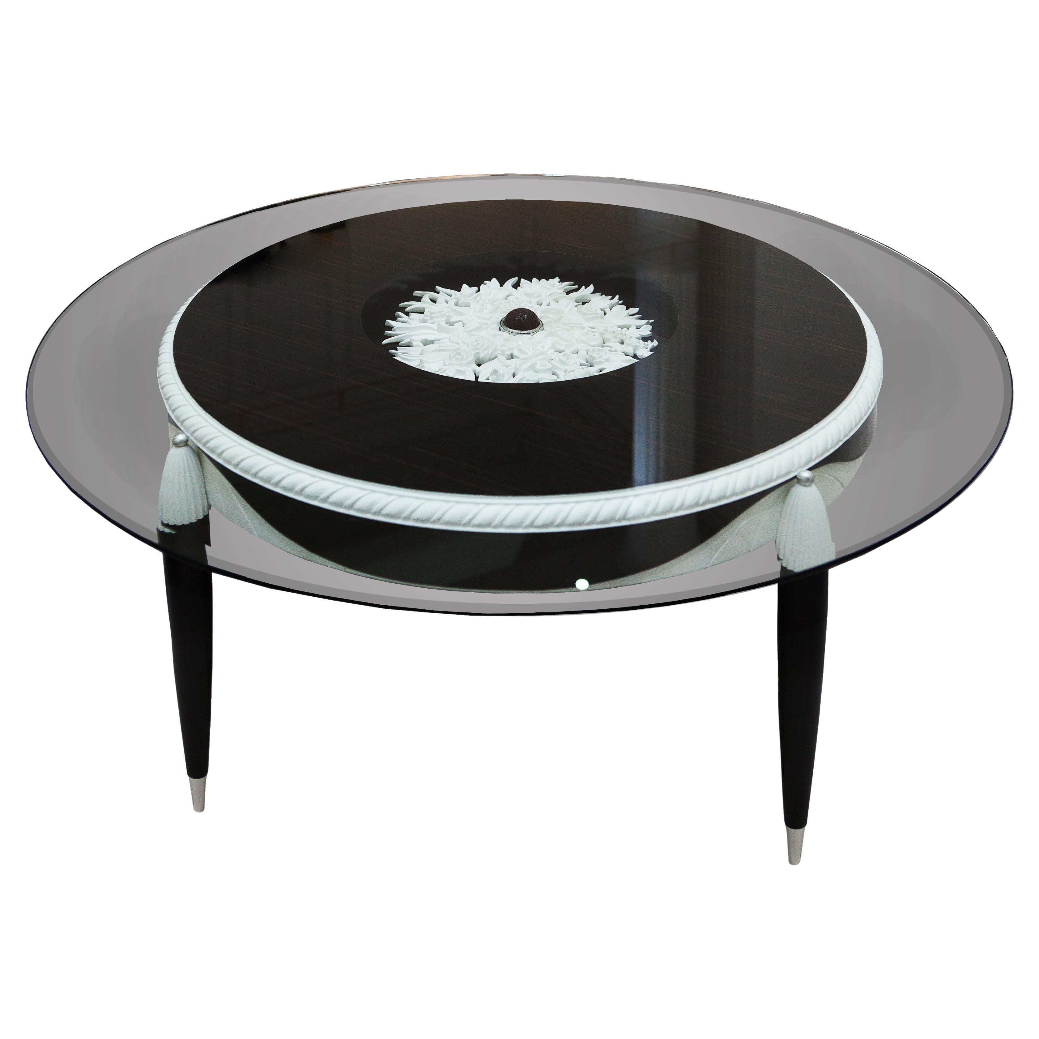 Coffee Table  Ebony Wood with White Carving, Neoclassical