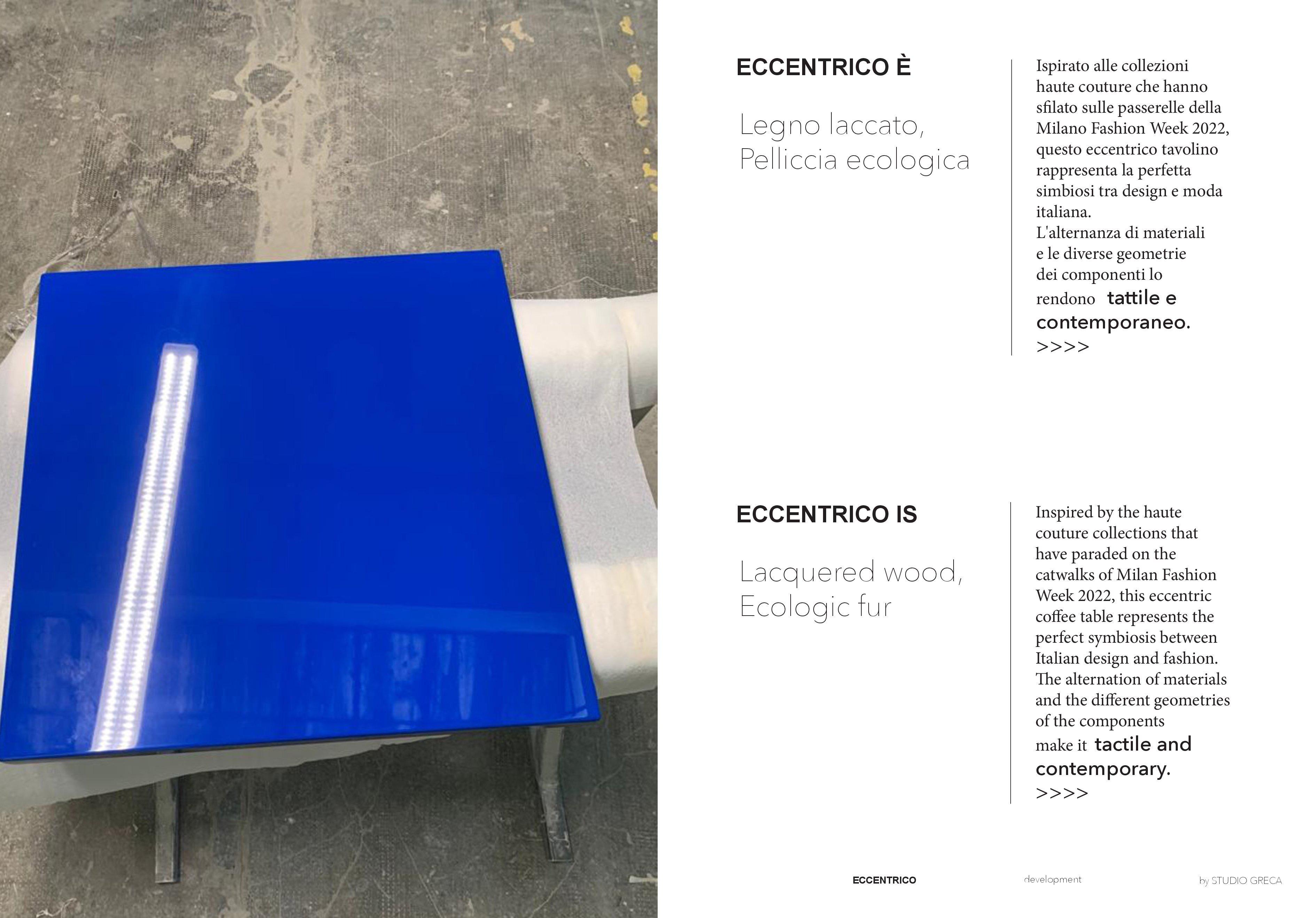 coffee table Eccentrico, 1/4 Studio Greca contemporary blue fur lacquered wood For Sale 2