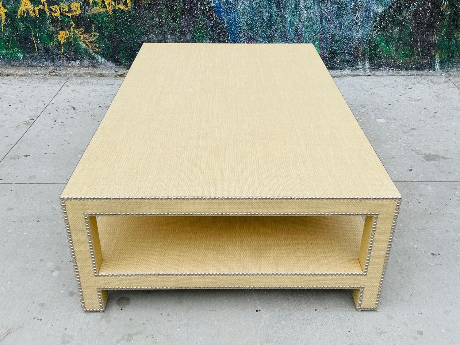 Coffee Table Embossed in Raffia, Karl Springer Style In Good Condition For Sale In Los Angeles, CA
