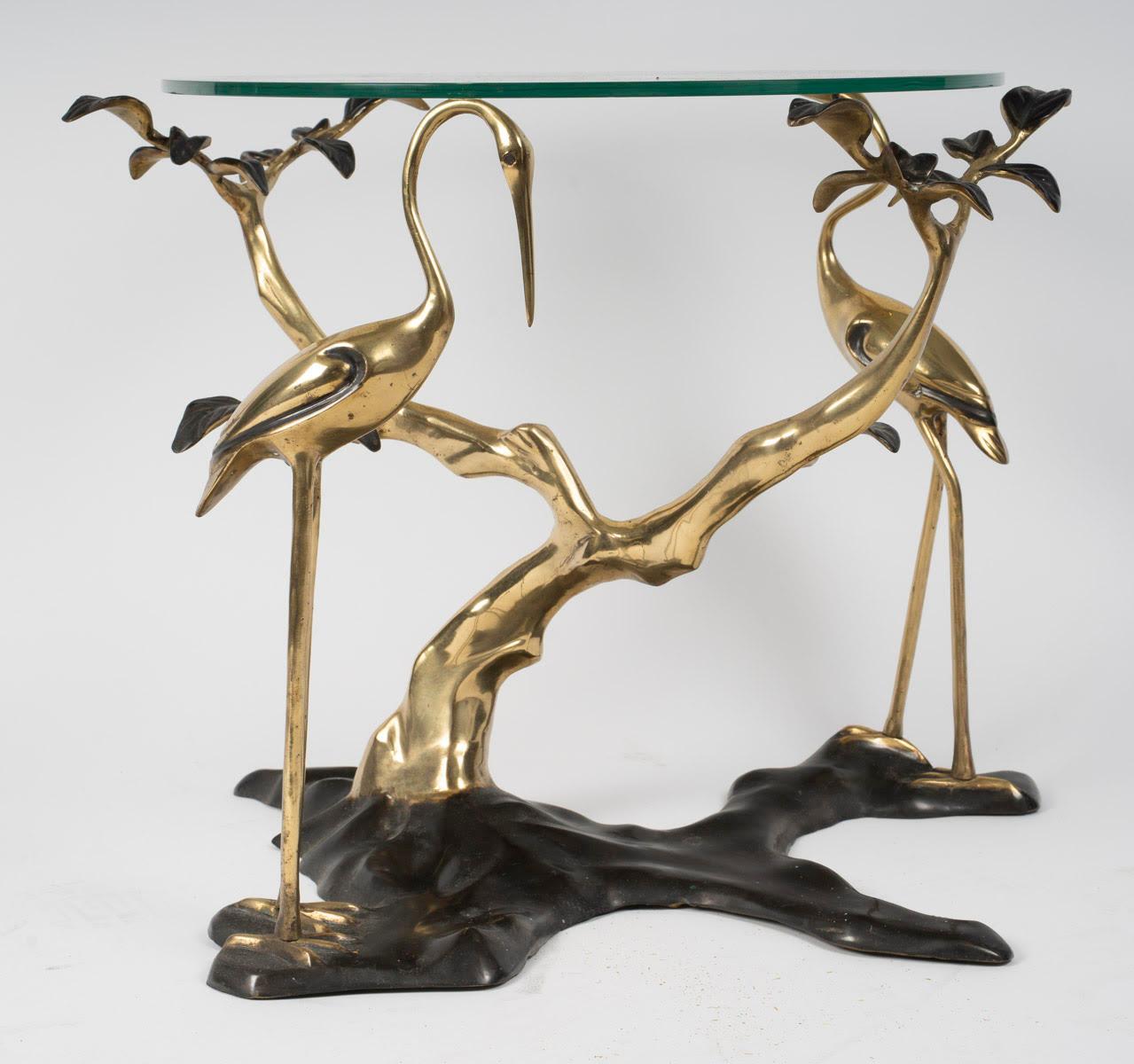 Coffee Table, End of Sofa in Patinated and Gilded Bronze, Flamingo Design. For Sale 1
