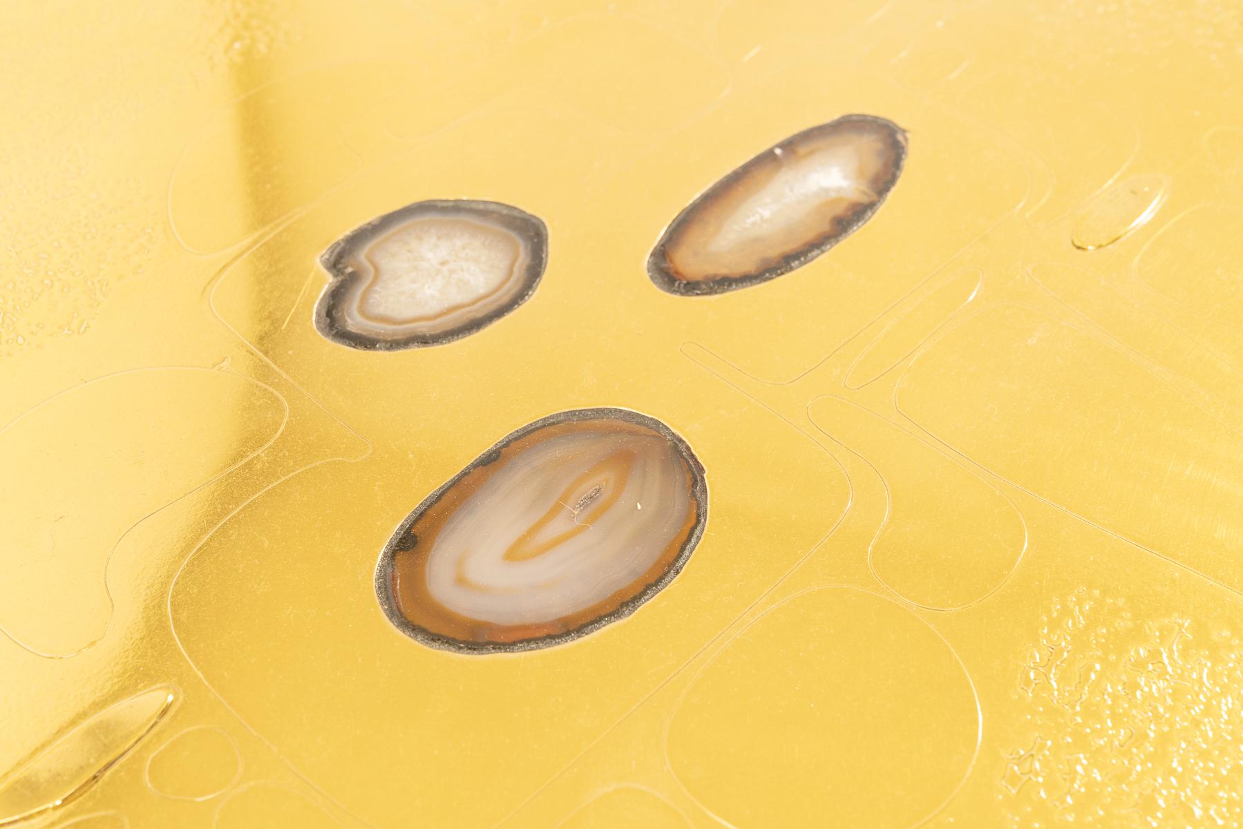 Coffee Table Etched Brass Inlaid 3 Agates by Lova Creation For Sale 3