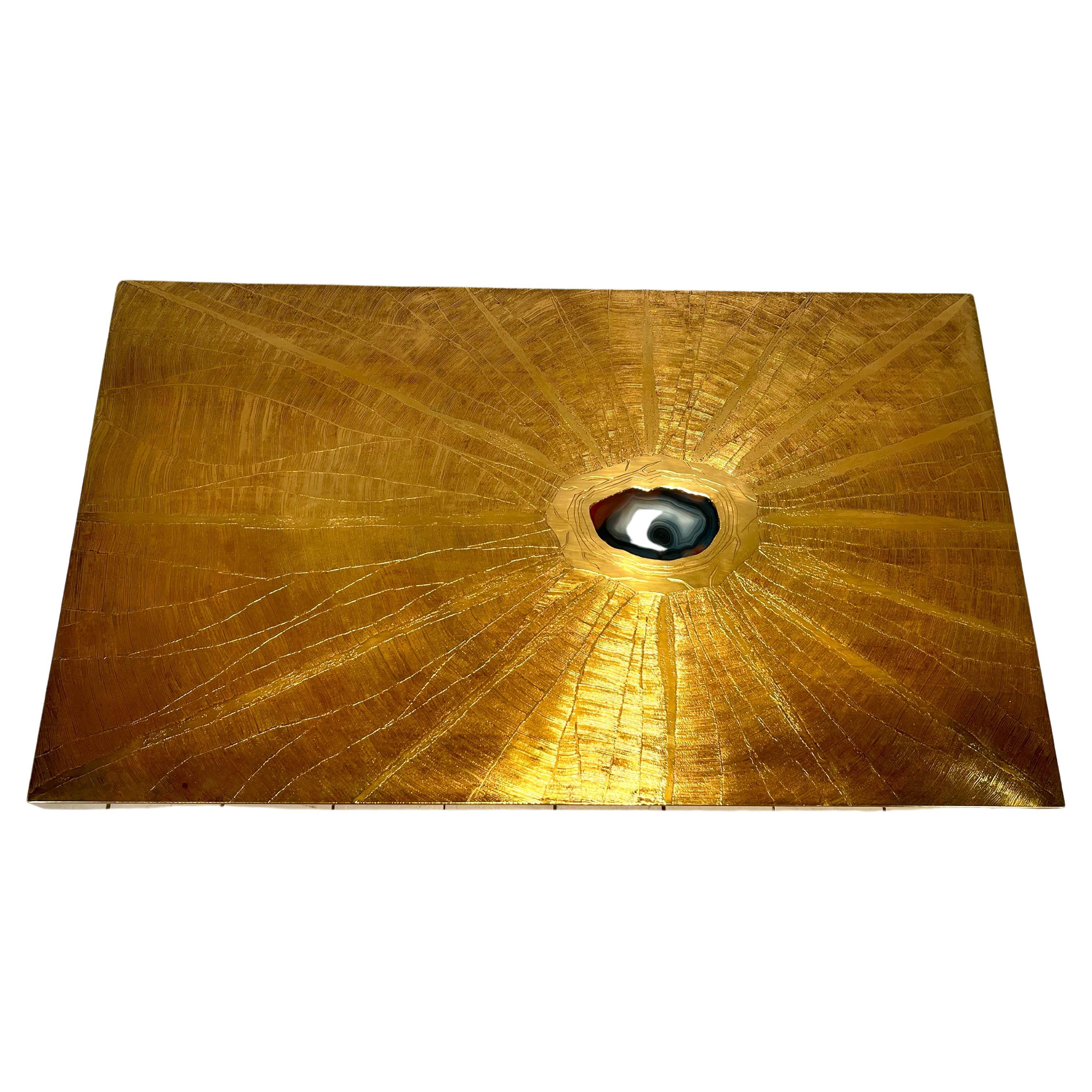 Coffee Table Etched Brass Inlaid Agate by Lova Creation For Sale