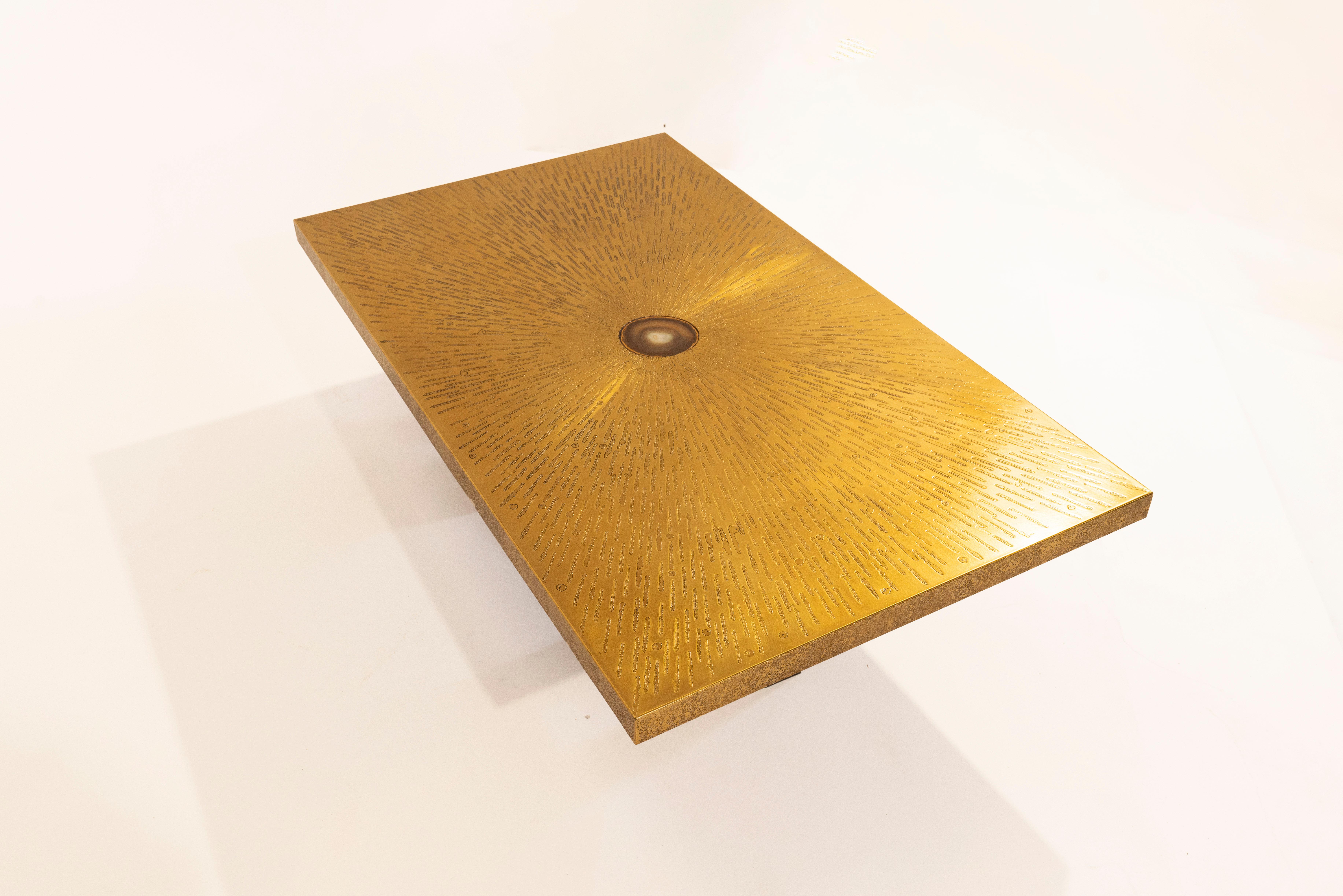 Coffee Table Etched Brass Inlaid Agate by Willy Daro For Sale 5