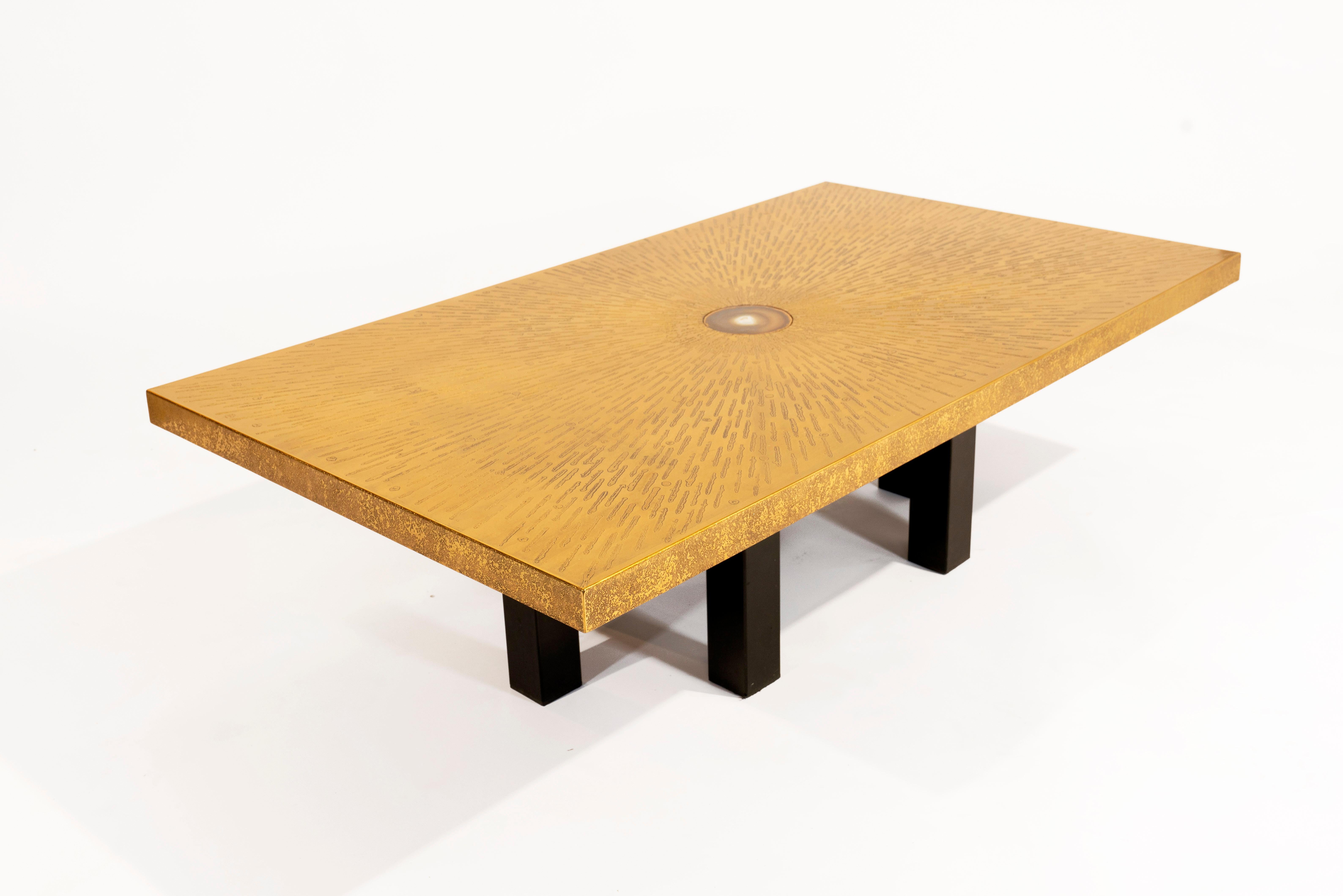 Mid-Century Modern Coffee Table Etched Brass Inlaid Agate by Willy Daro For Sale