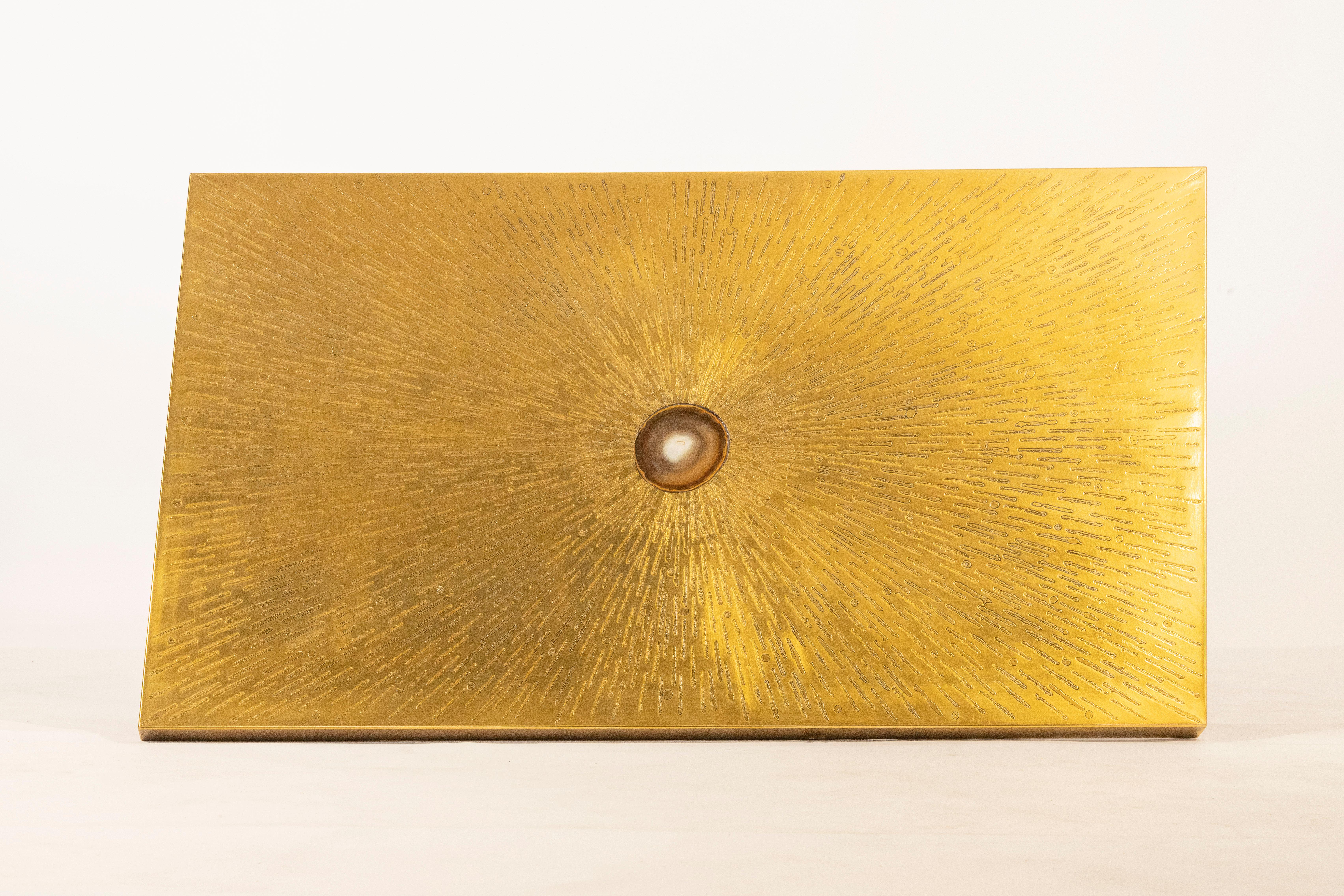 Late 20th Century Coffee Table Etched Brass Inlaid Agate by Willy Daro For Sale