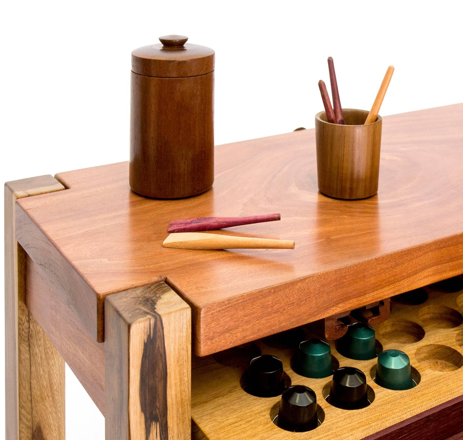 Brazilian Woodworking Table with sliding tray for coffee capsules For Sale