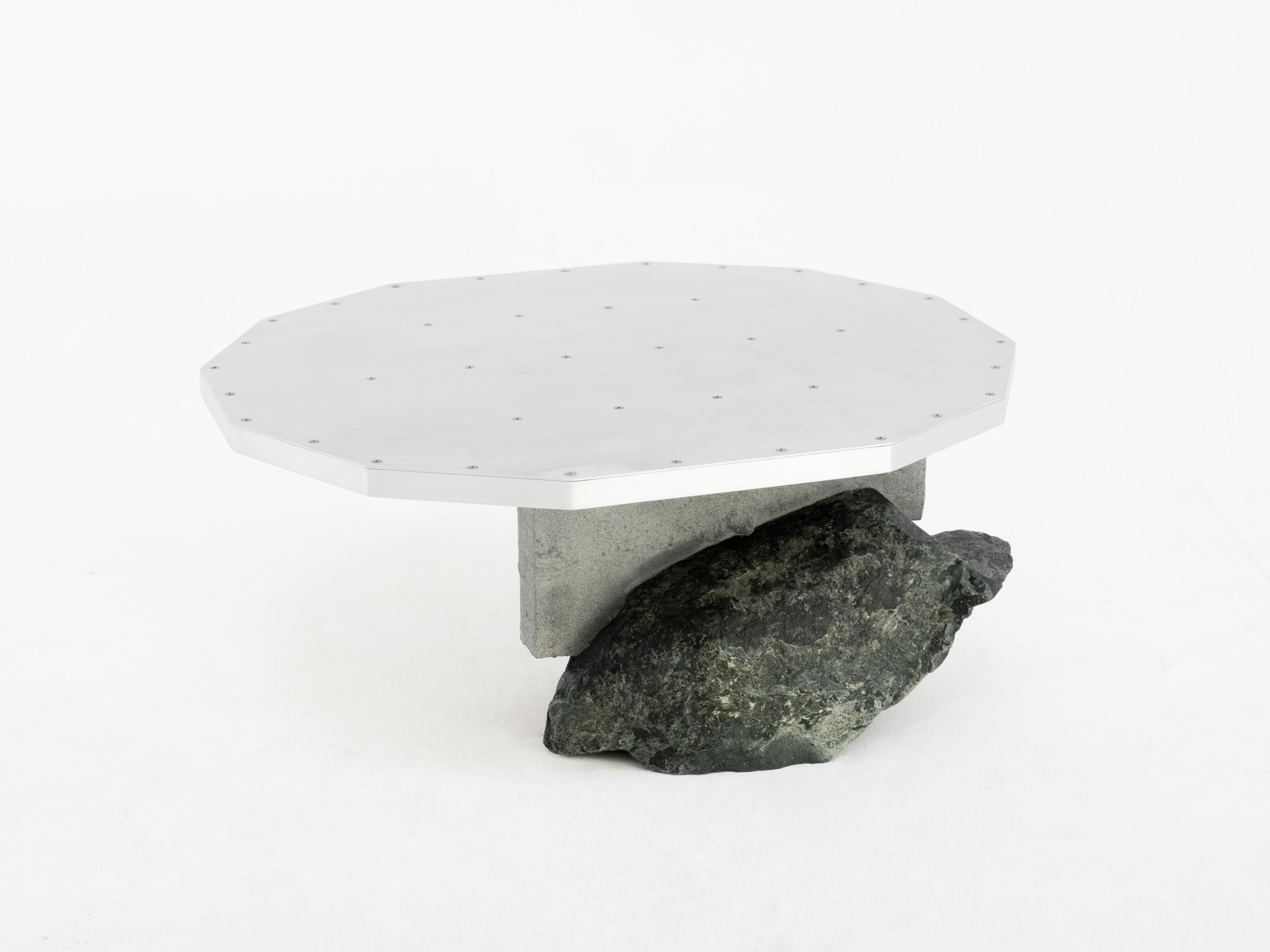 Coffee table, Foreign Bodies LP-35C, aluminium, stone, by Collin Velkoff For Sale 1
