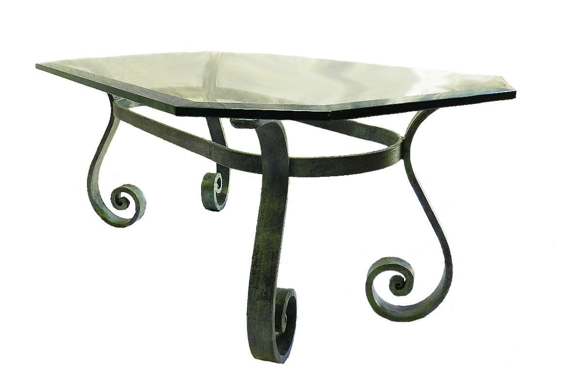 Mid-Century Modern Coffee Table French Verdigris Iron and Glass Hollywood Regency, circa 1970
