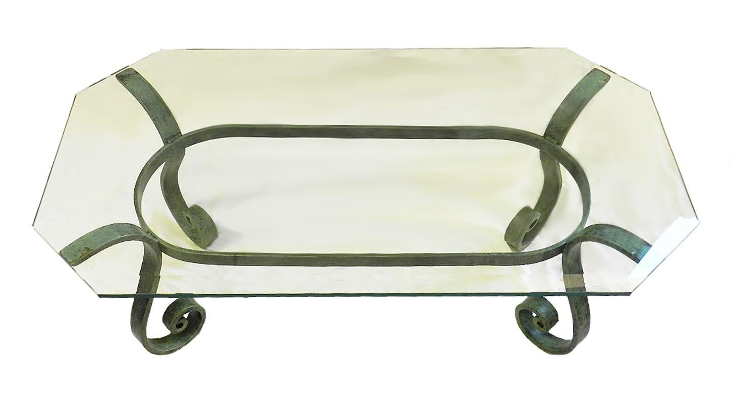 Coffee Table French Verdigris Iron and Glass Hollywood Regency, circa 1970 1