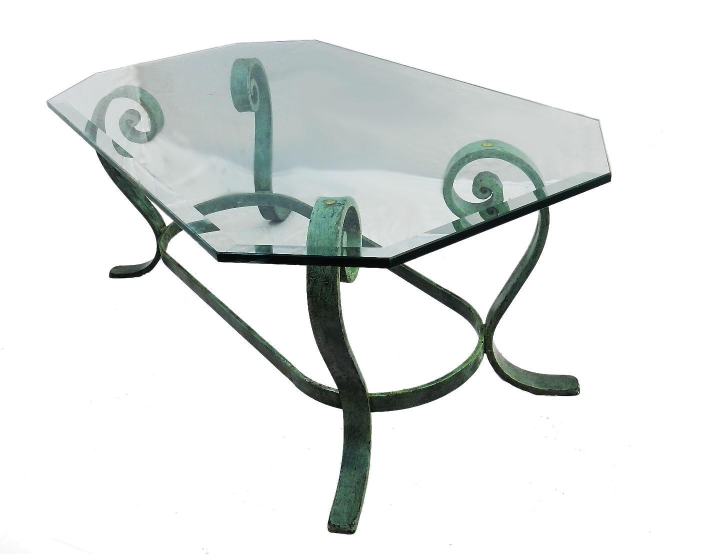 Coffee Table French Verdigris Iron and Glass Hollywood Regency, circa 1970 2