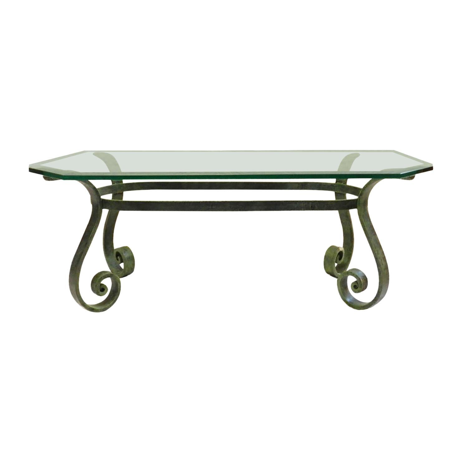 Coffee Table French Verdigris Iron and Glass Hollywood Regency, circa 1970