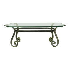 Coffee Table French Verdigris Iron and Glass Hollywood Regency, circa 1970