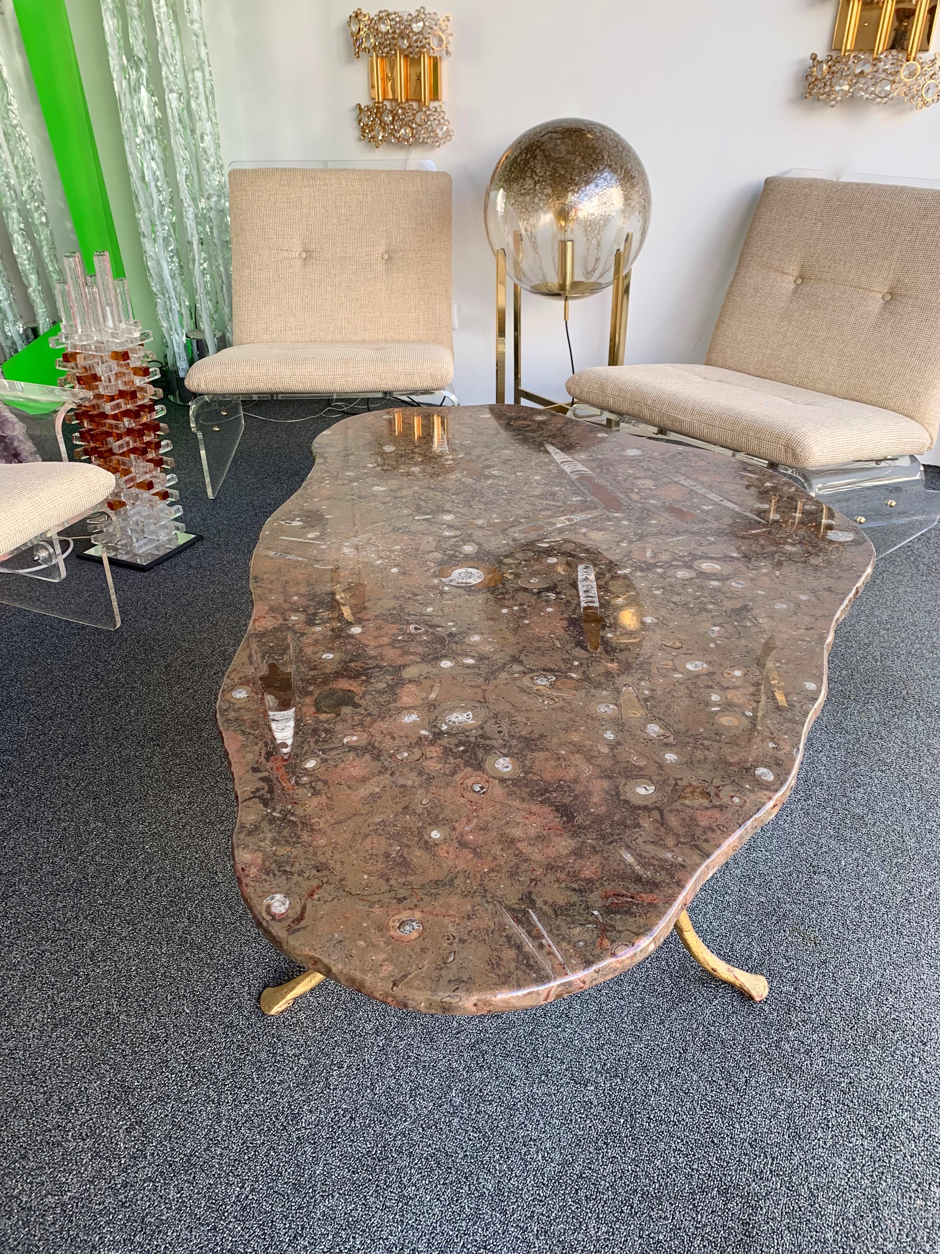 Coffee Table Gilt Iron Fossil Stone Top by Pinguaud, France, 1980s 2
