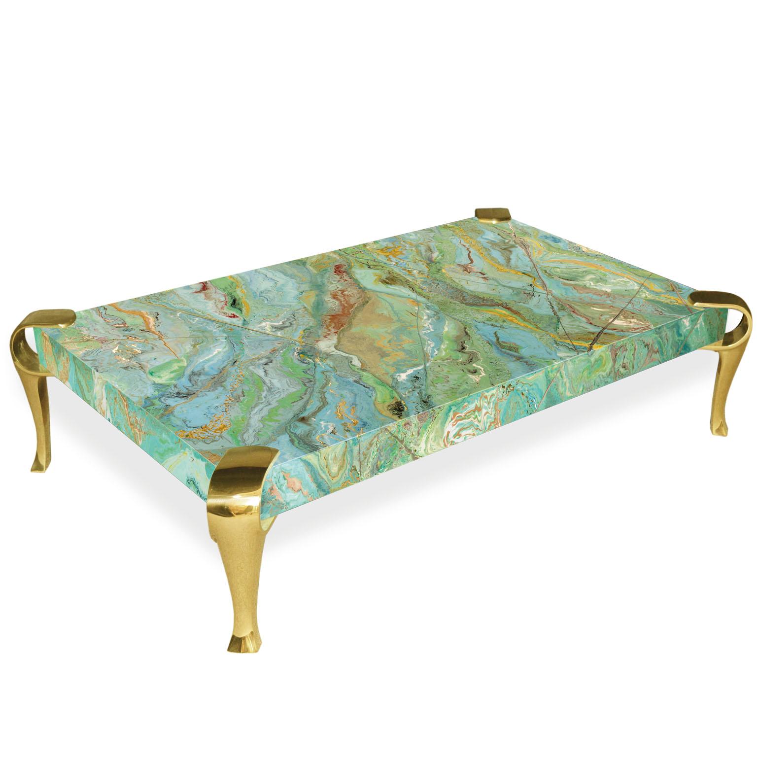 Laiton Table basse Plateau en marbre vert et pieds en laiton poli Fait main en Italie par Cupioli en vente