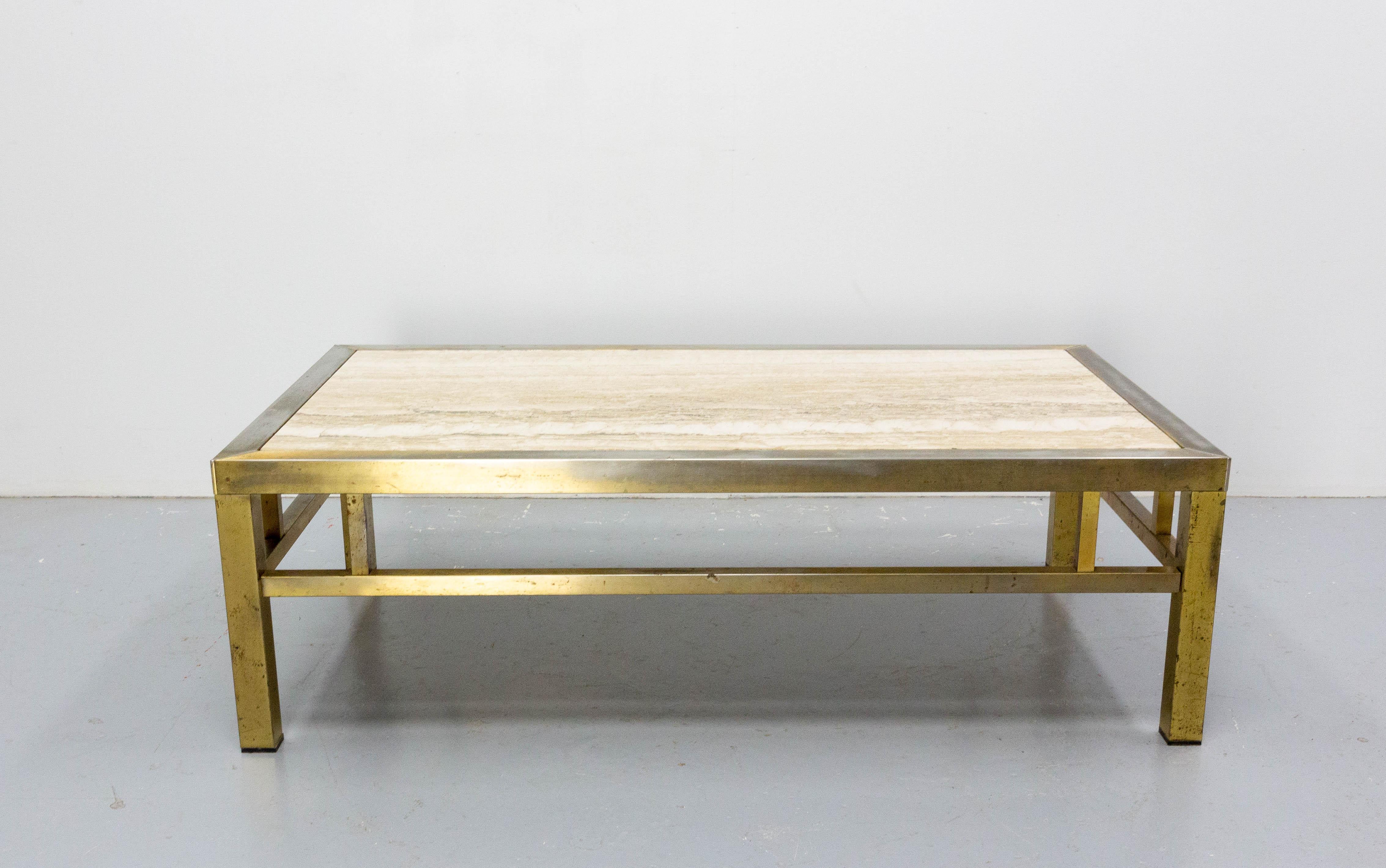 Coffee table in the Guy Lefèvre style, simple and clean
Travertine and gilt brass 
Good vintage condition.

