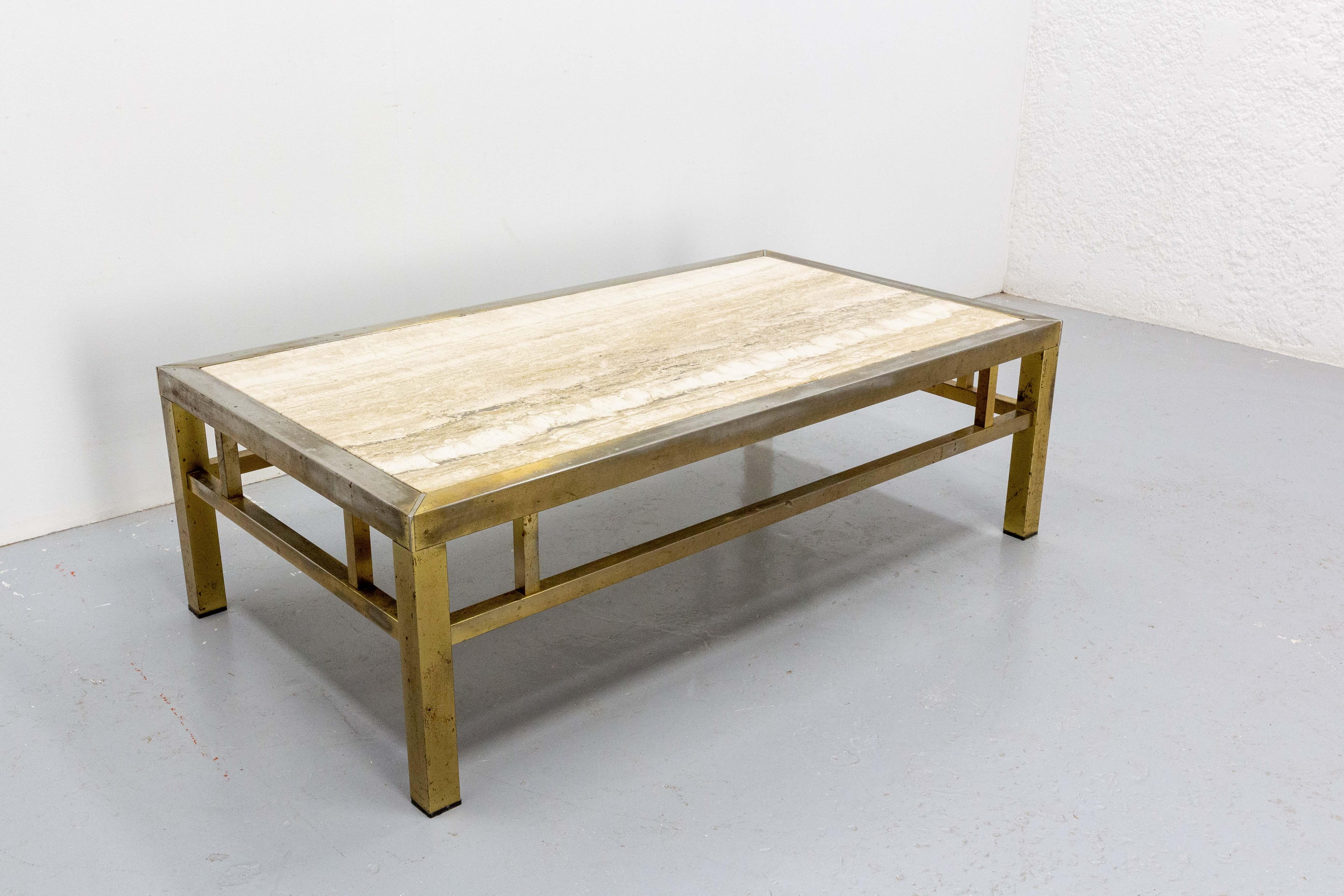 Mid-Century Modern Coffee Table Guy Lefevre Style Travertine and Gilt Brass Midcentury, French For Sale