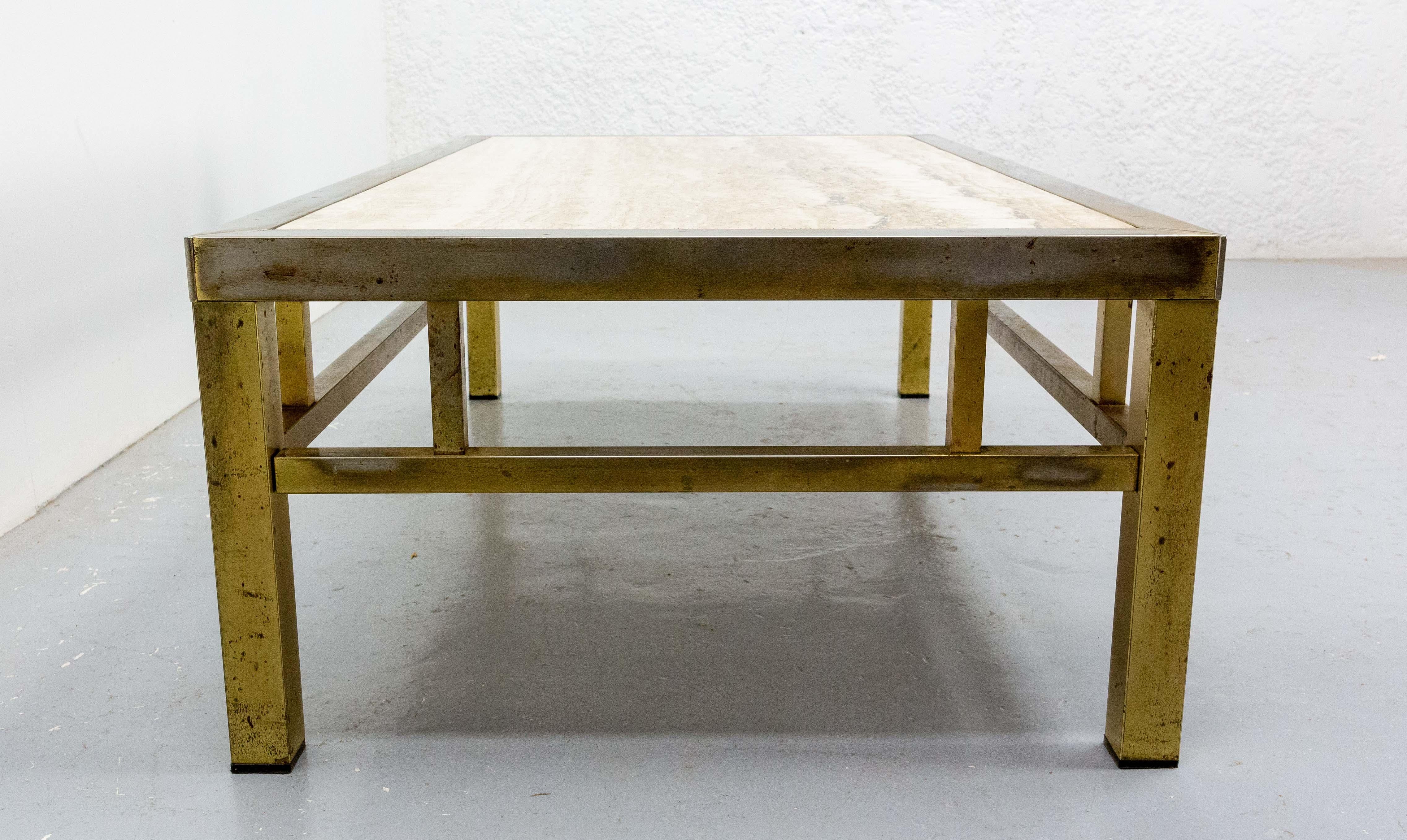 Coffee Table Guy Lefevre Style Travertine and Gilt Brass Midcentury, French In Good Condition For Sale In Labrit, Landes