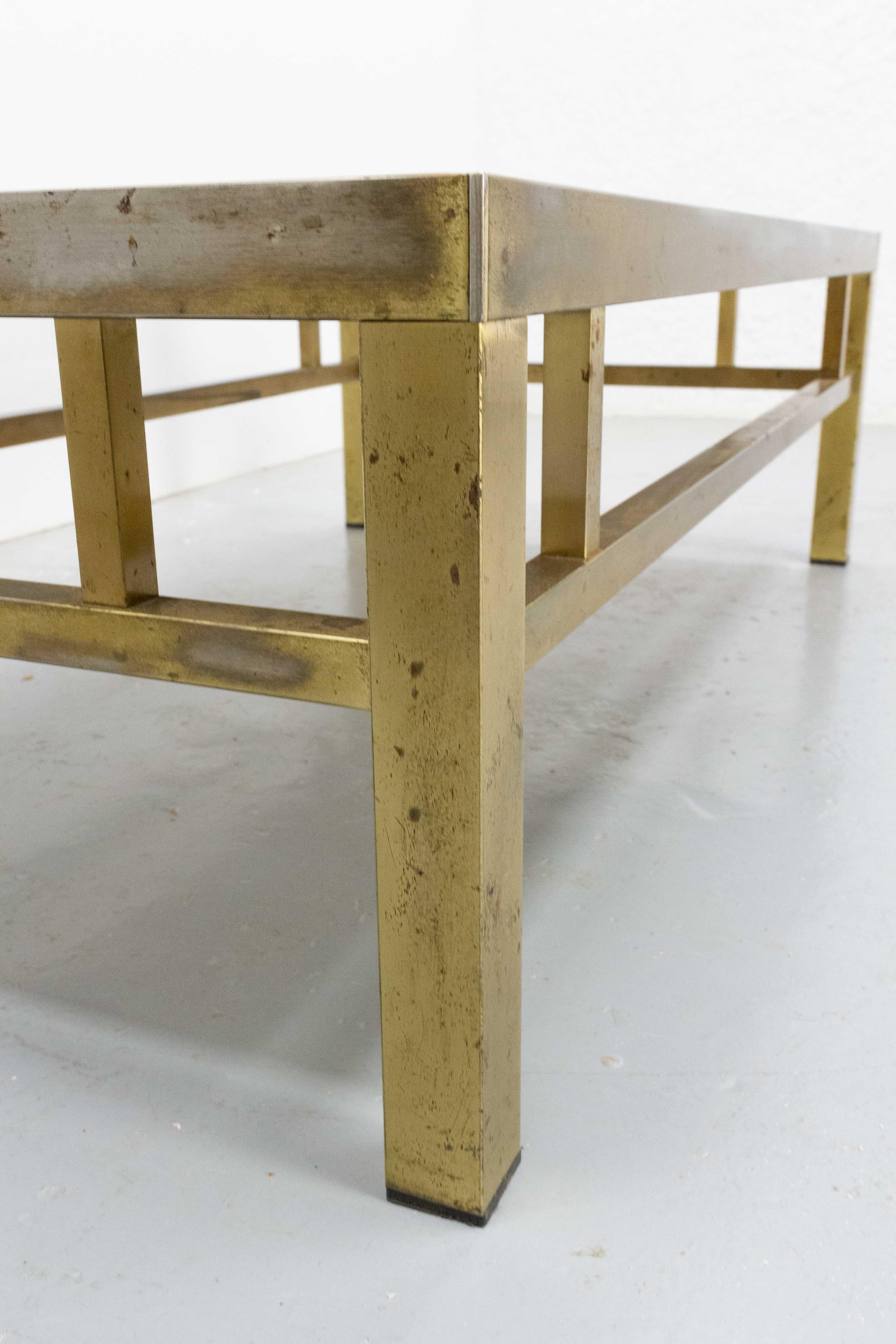 Coffee Table Guy Lefevre Style Travertine and Gilt Brass Midcentury, French For Sale 1
