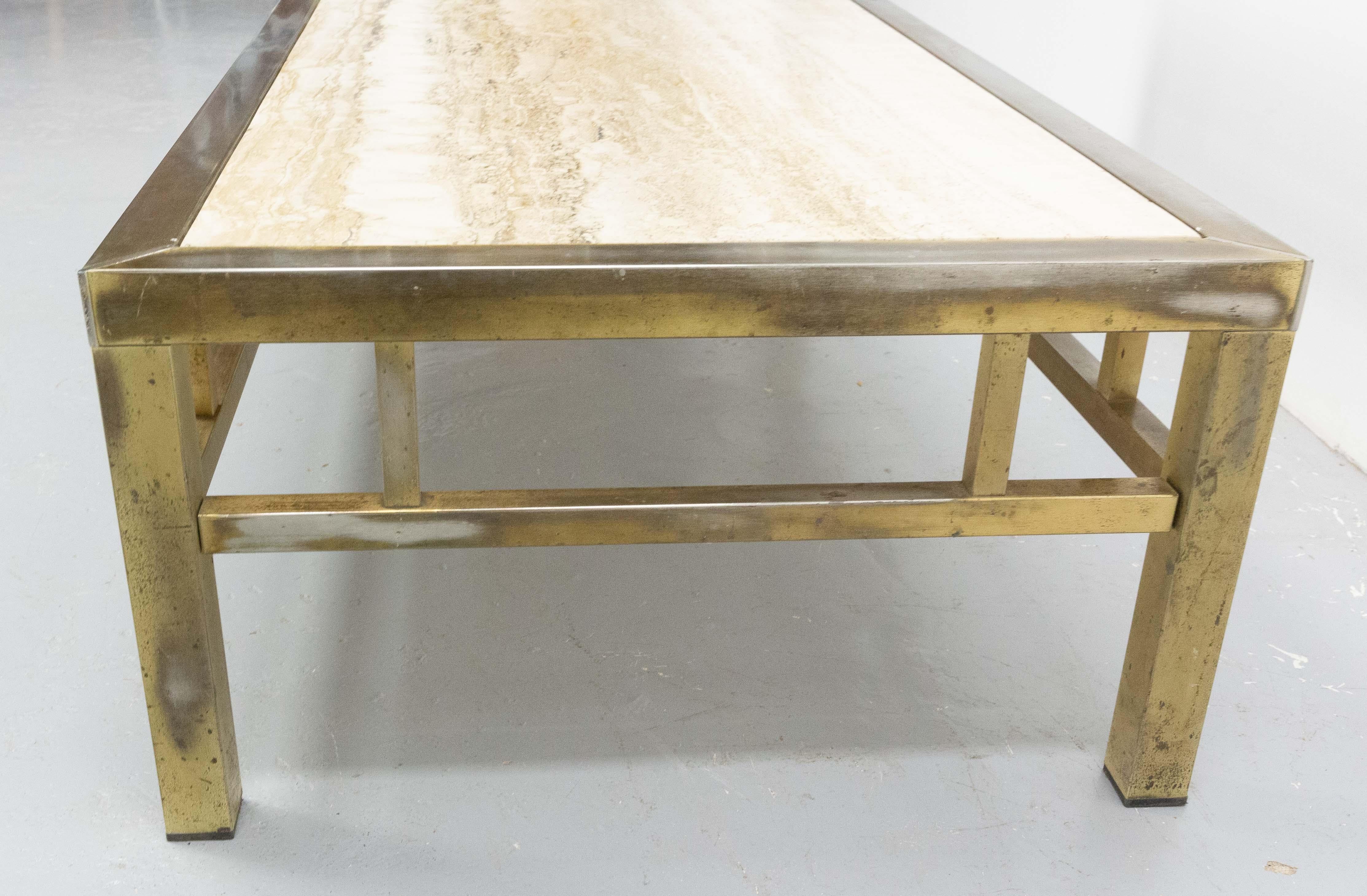 Coffee Table Guy Lefevre Style Travertine and Gilt Brass Midcentury, French For Sale 2