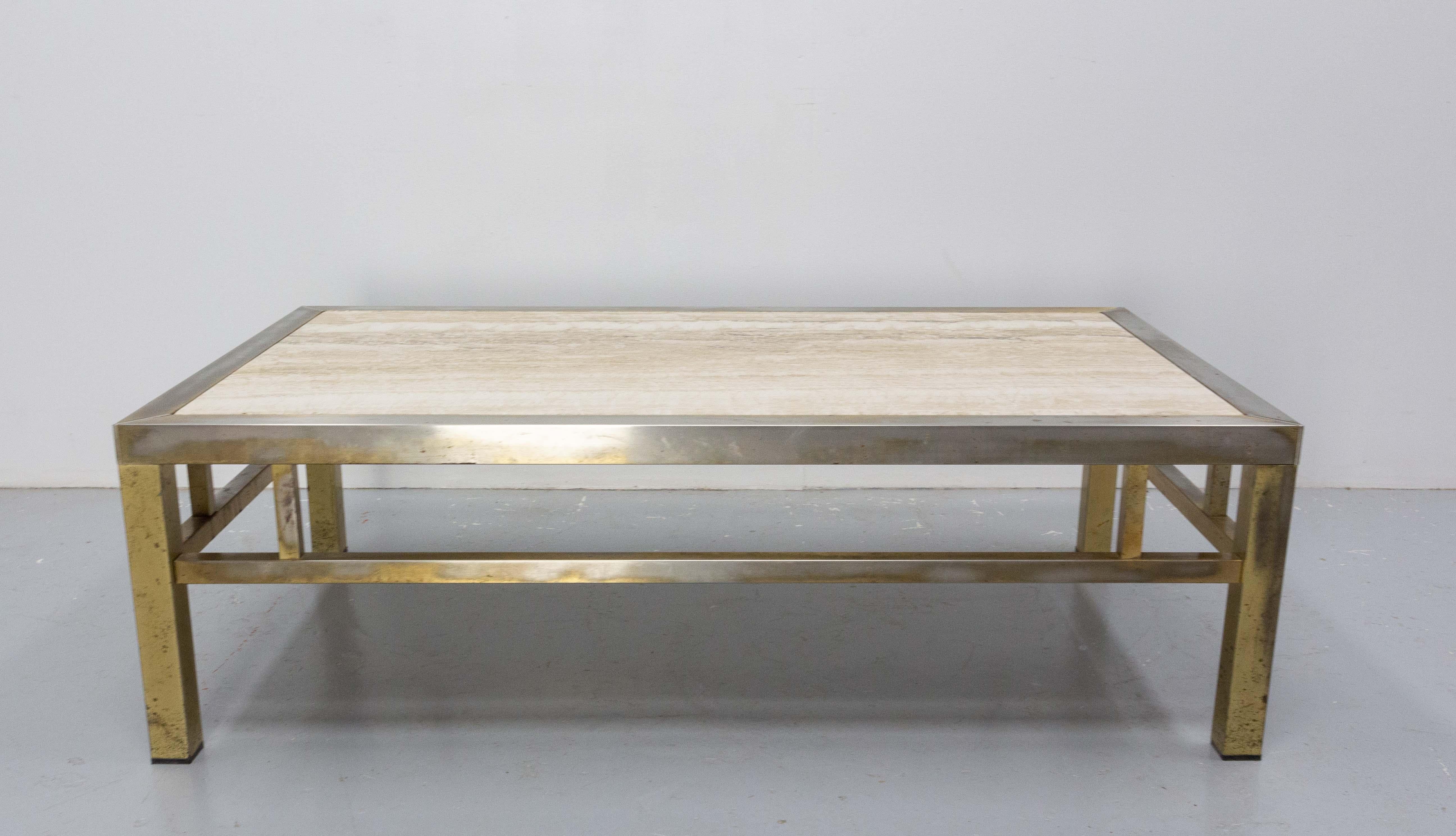 Coffee Table Guy Lefevre Style Travertine and Gilt Brass Midcentury, French For Sale 3