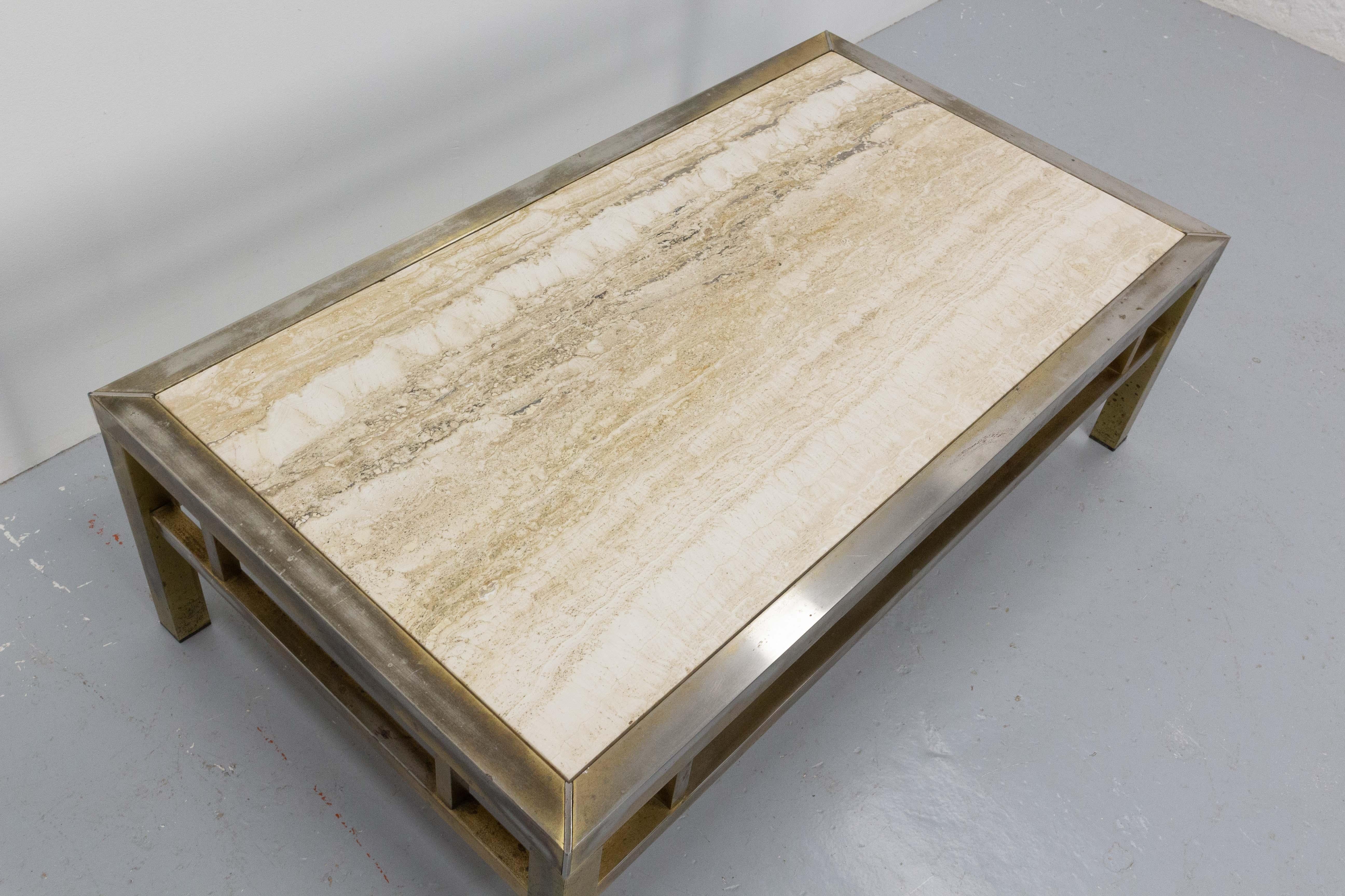 Coffee Table Guy Lefevre Style Travertine and Gilt Brass Midcentury, French For Sale 4