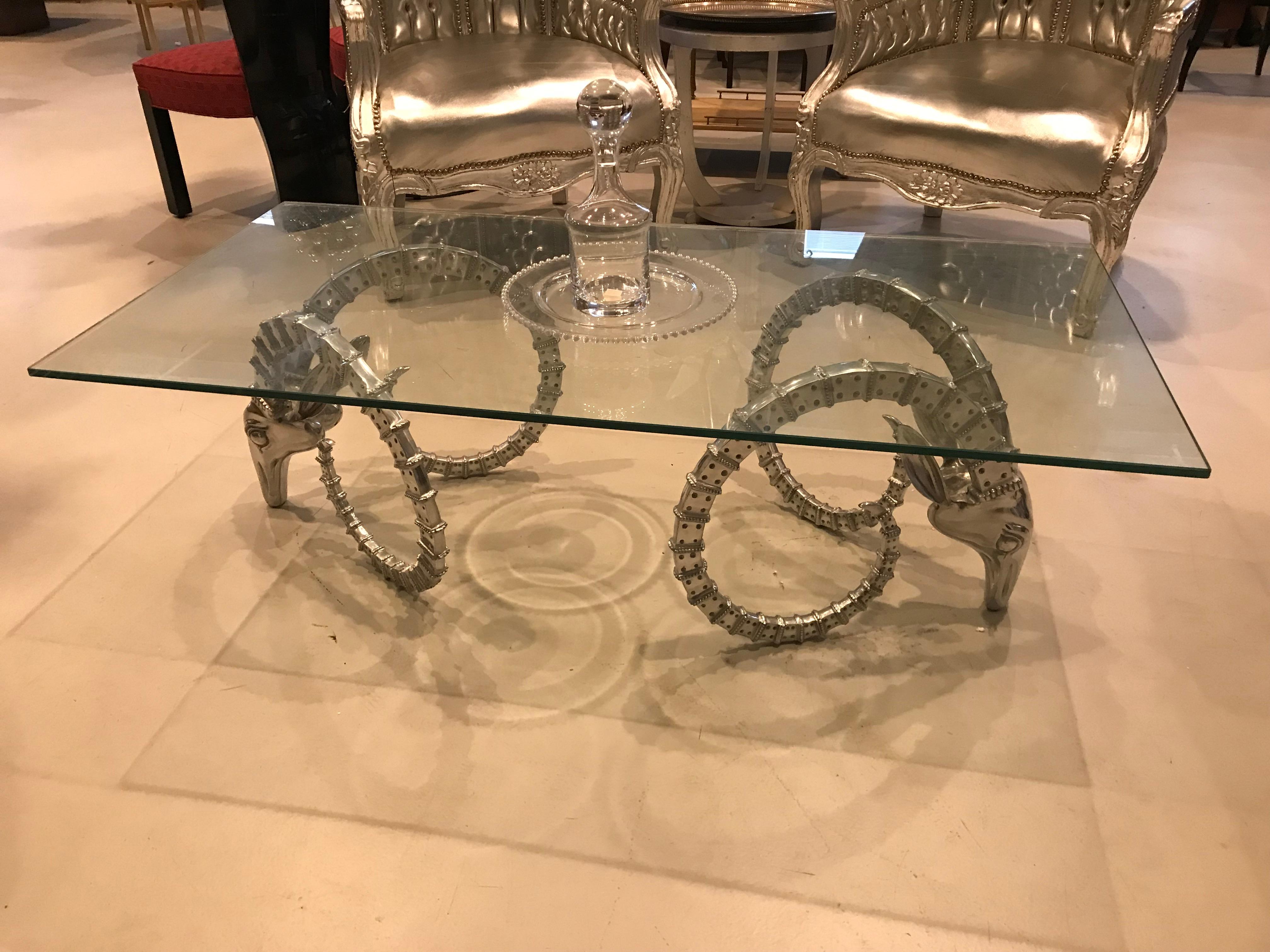 Mid-Century Modern Coffee Table Having Nickel Ram's Head With Glass Top